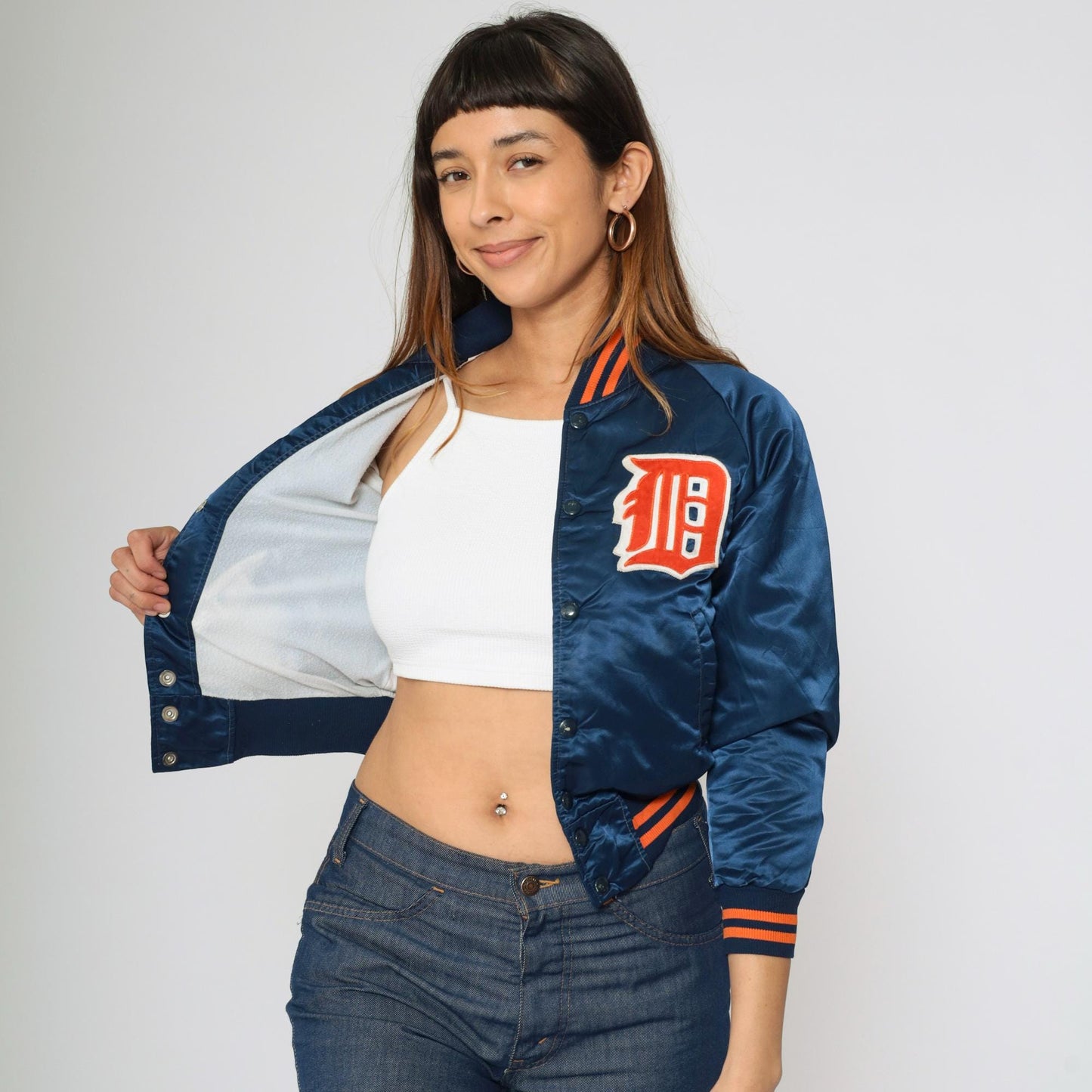 80s Detroit Tigers Satin Bomber Jacket Navy Blue Snap Front Kid's 12