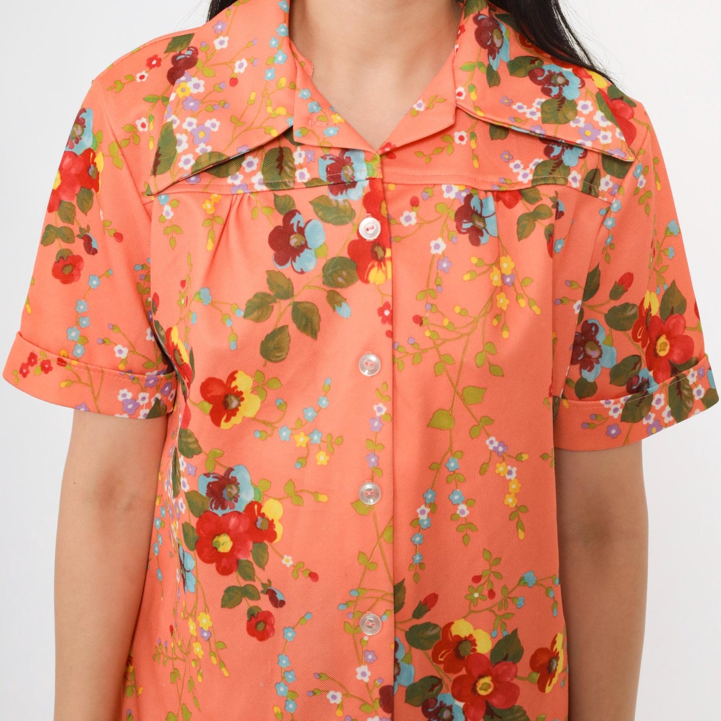 70s Smartique Floral Button-Up Blouse Orange Dagger Collar Short Sleeve Medium