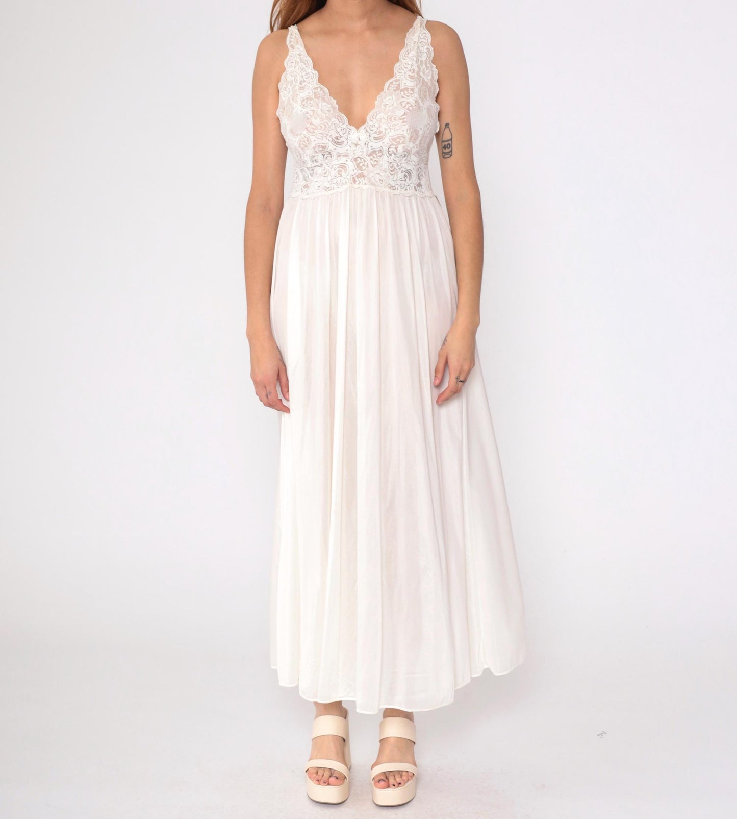 80s Shadowline White Lace Maxi Nightgown Sheer V-Neck Sleeveless Small