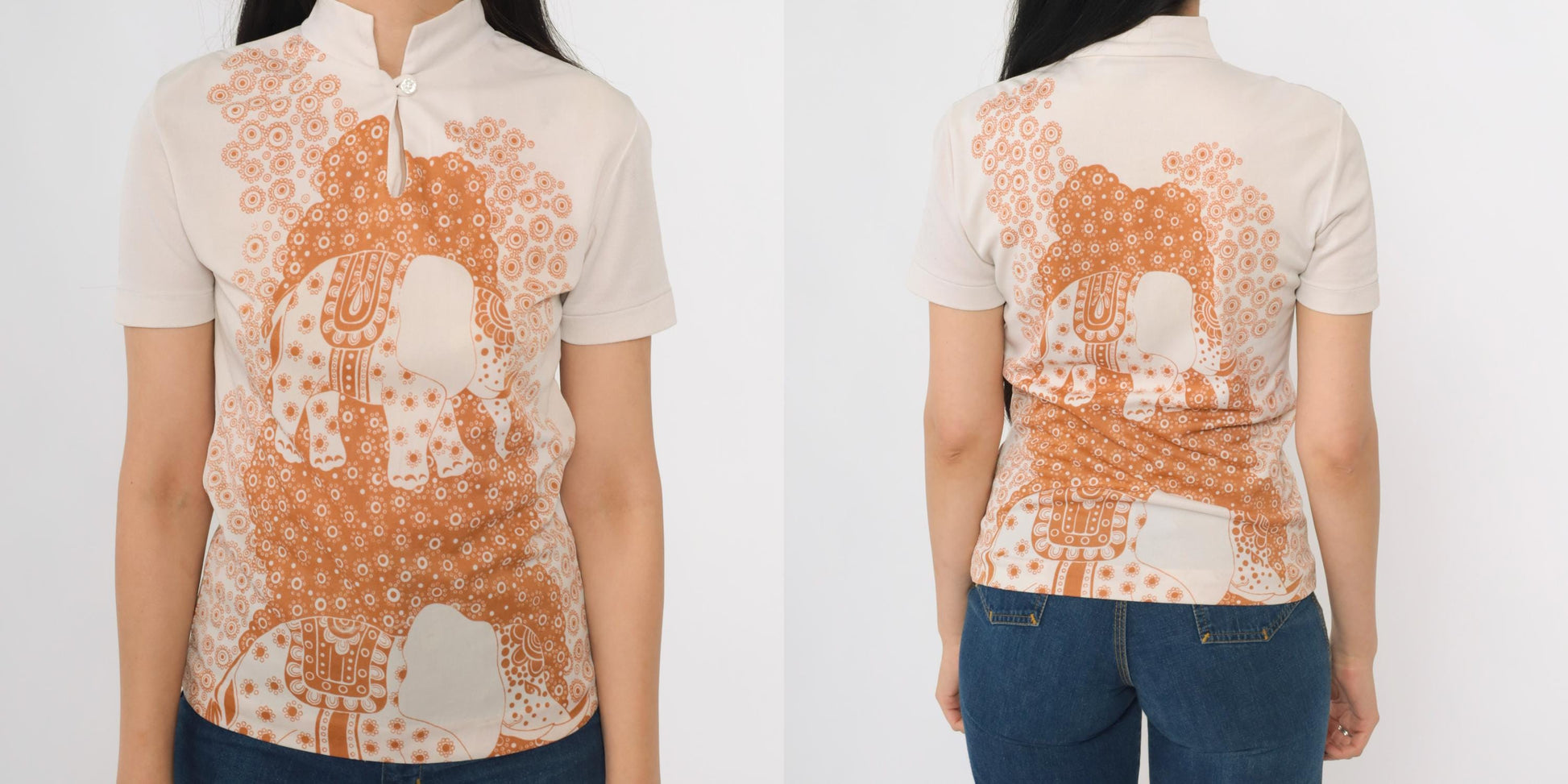 70s Elephant Mandarin Collar Shirt Beige Burnt Orange Print XS