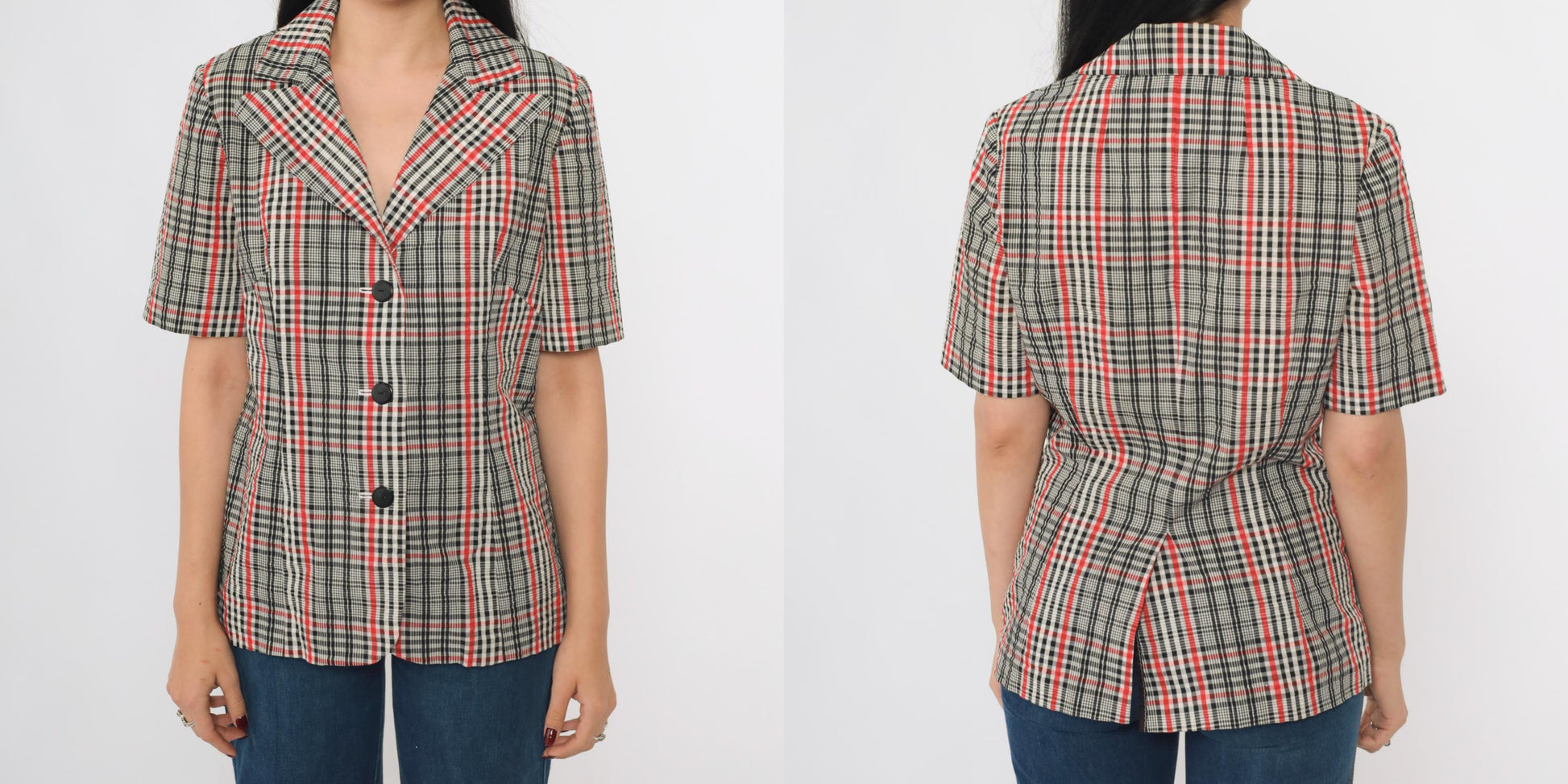 70s Black White Red Plaid Button-Up Blouse Short Sleeve Collared Shirt Medium