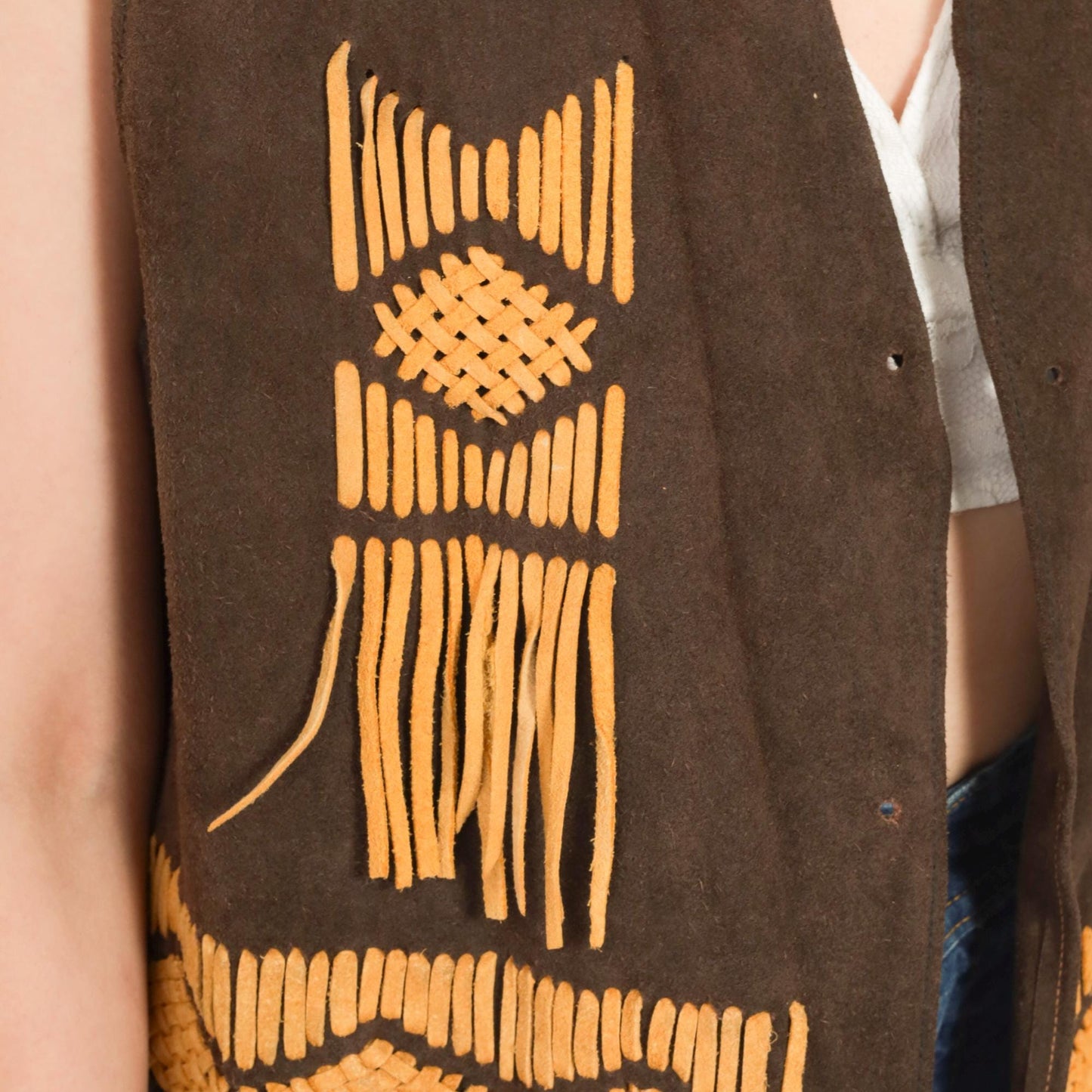 70s Brown Suede Fringe Vest Open Front Tie Sleeveless Medium M