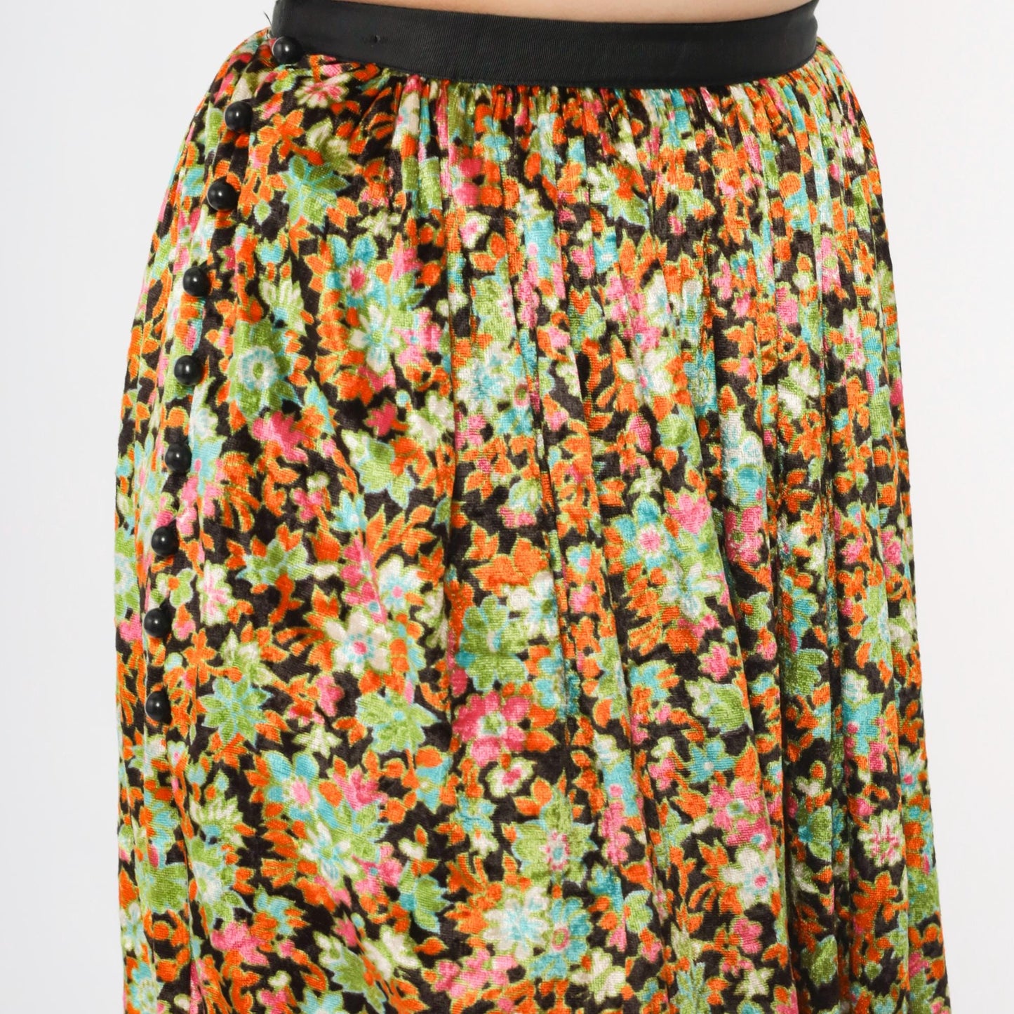 70s Floral Velvet Midi Skirt High Waisted Orange Green XXS