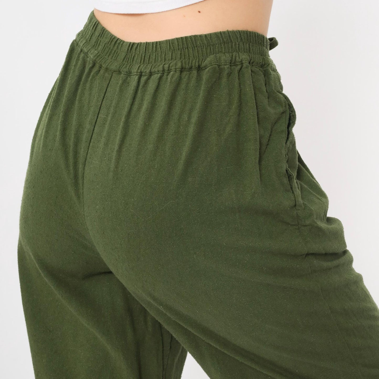 90s Selene Sport Olive Silk Tapered Pants Drawstring Elastic Waist Small S