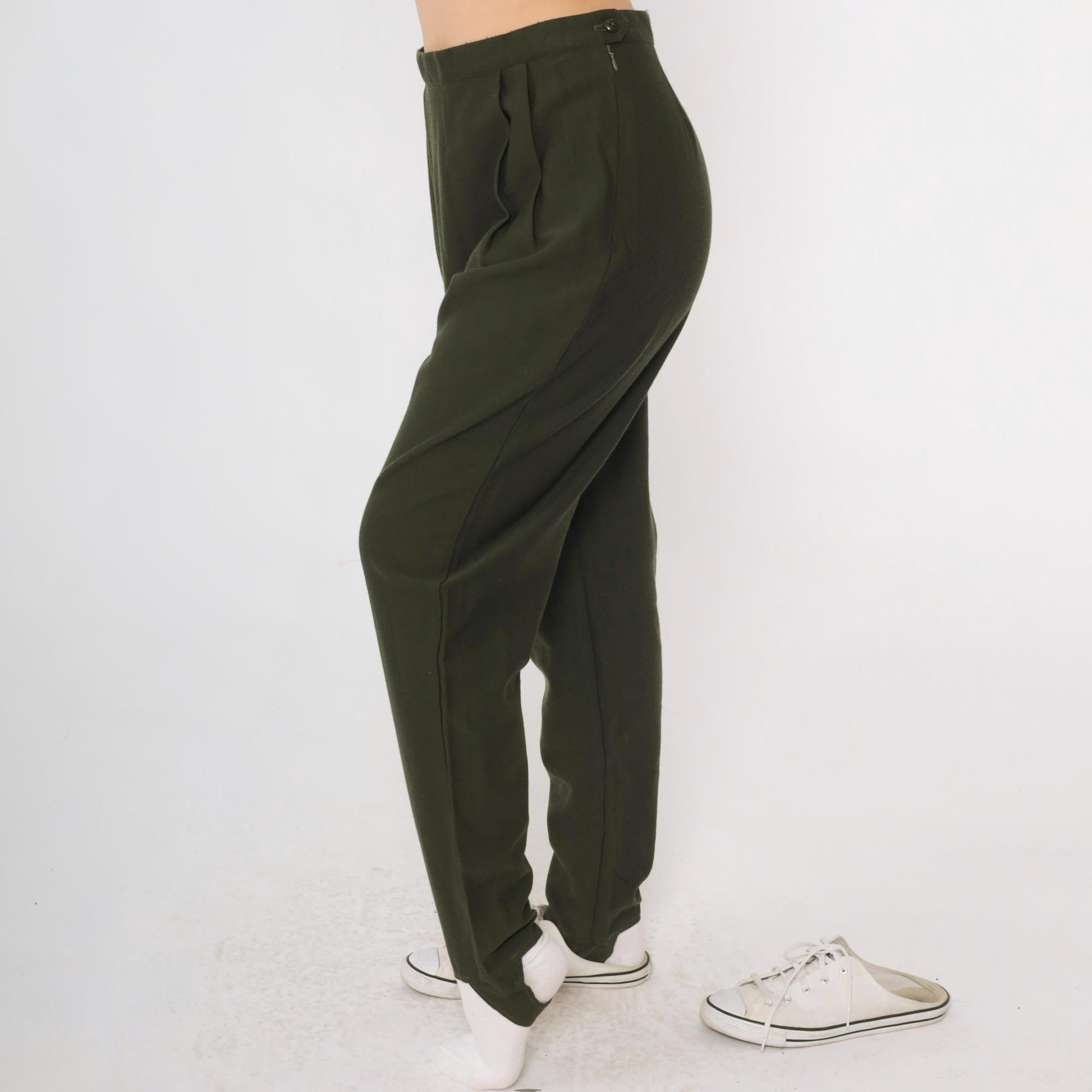 Y2K Lands End Wool Stirrup Trousers Olive Green Pleated High Waist Small 6