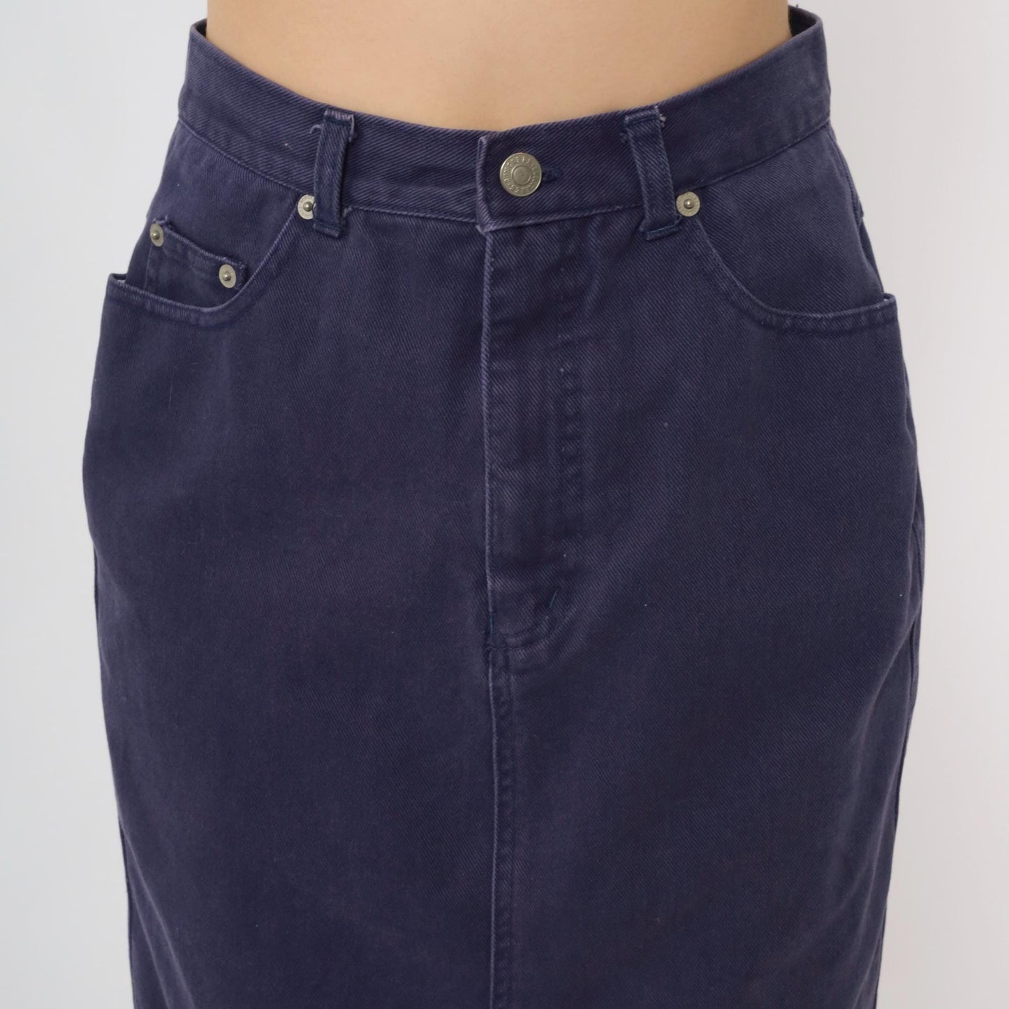 90s Purple Denim Midi Skirt High Waist Pencil Cut Rear Slit Small