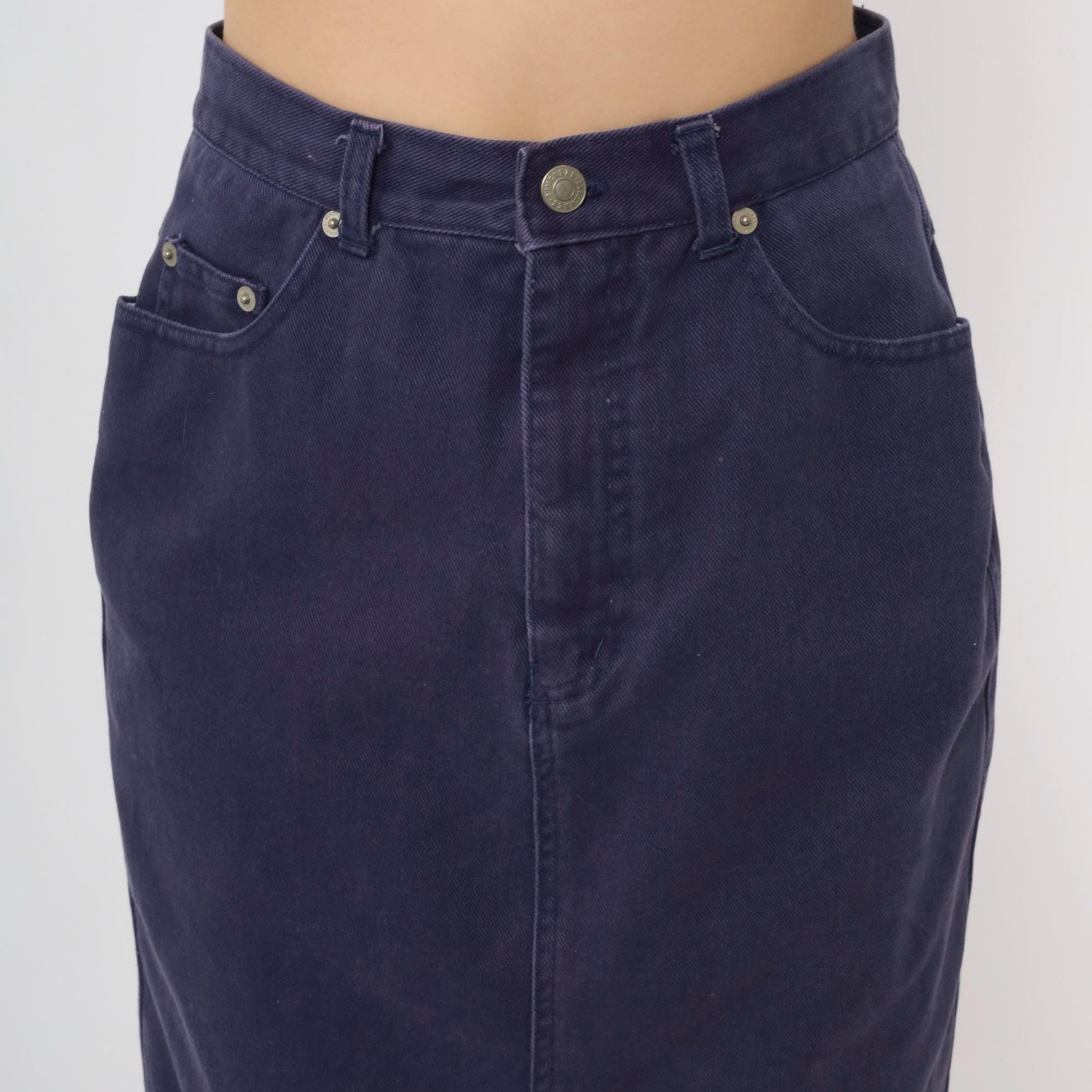 90s Purple Denim Midi Skirt High Waist Pencil Cut Rear Slit Small