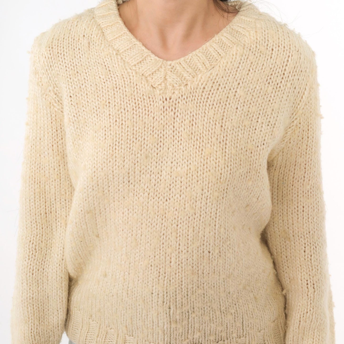 80s Cream Slub Knit V-Neck Sweater Pullover Medium M