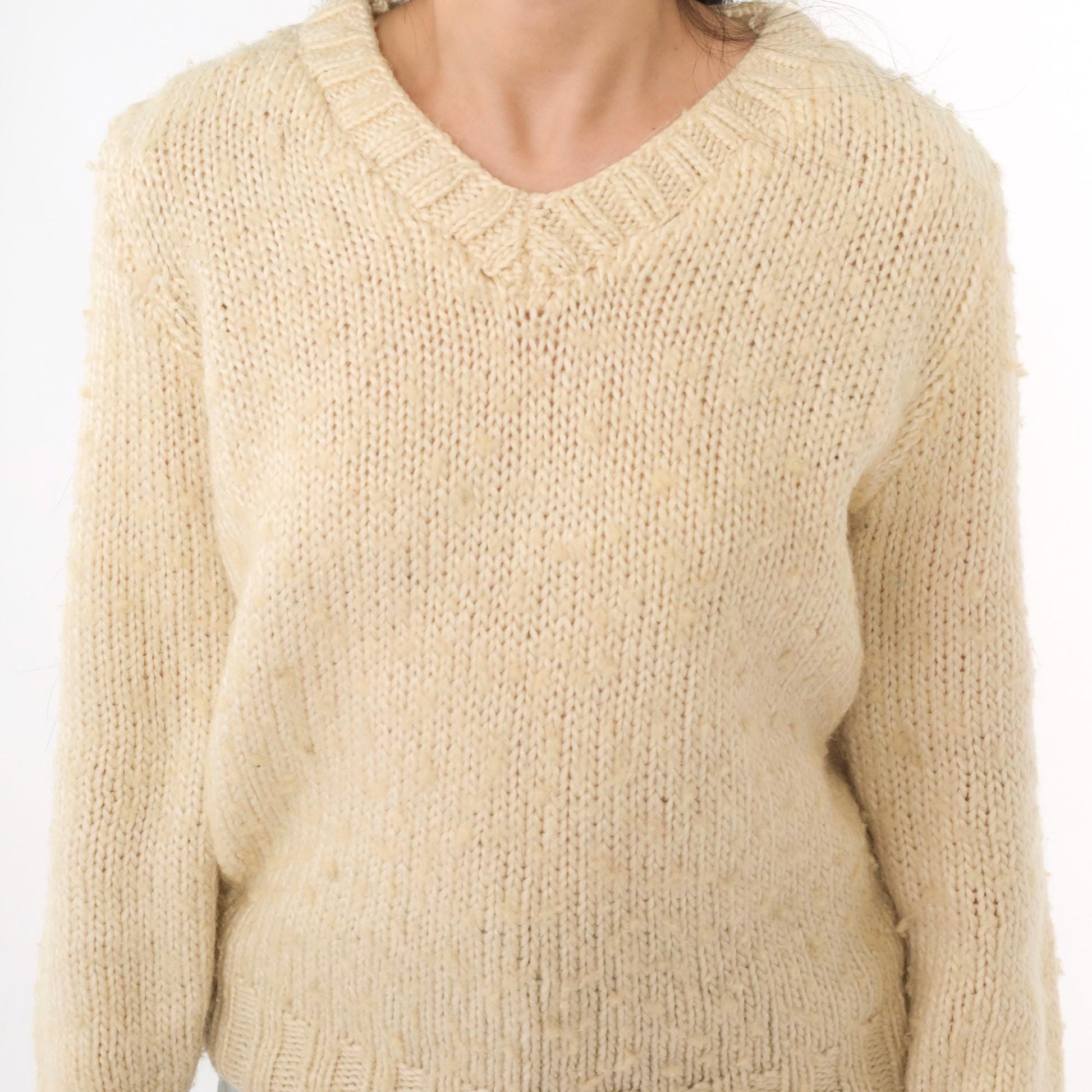 80s Cream Slub Knit V-Neck Sweater Pullover Medium M