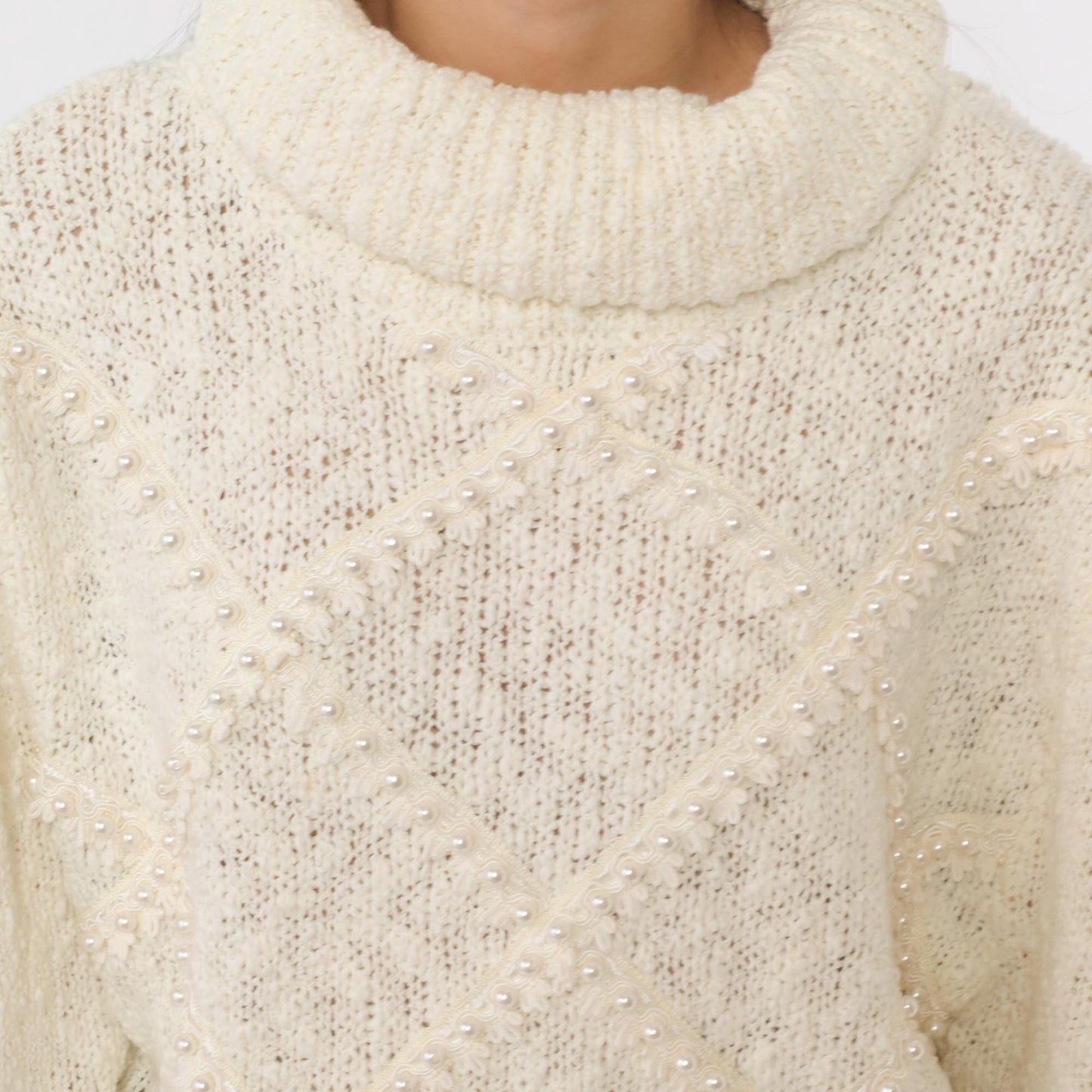 80s Bonnie and Bill Cream Pearl Beaded Turtleneck Sweater Medium
