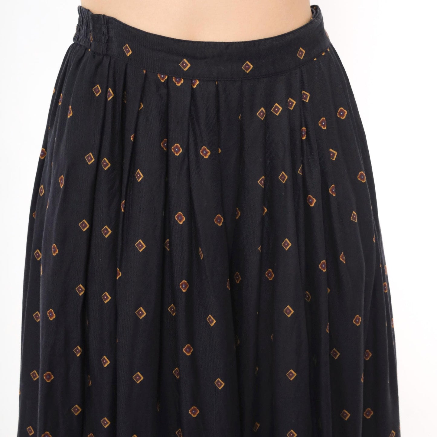 80s Chaus Navy Rayon Midi Skirt Baroque Cameo Print Elastic Waist Small