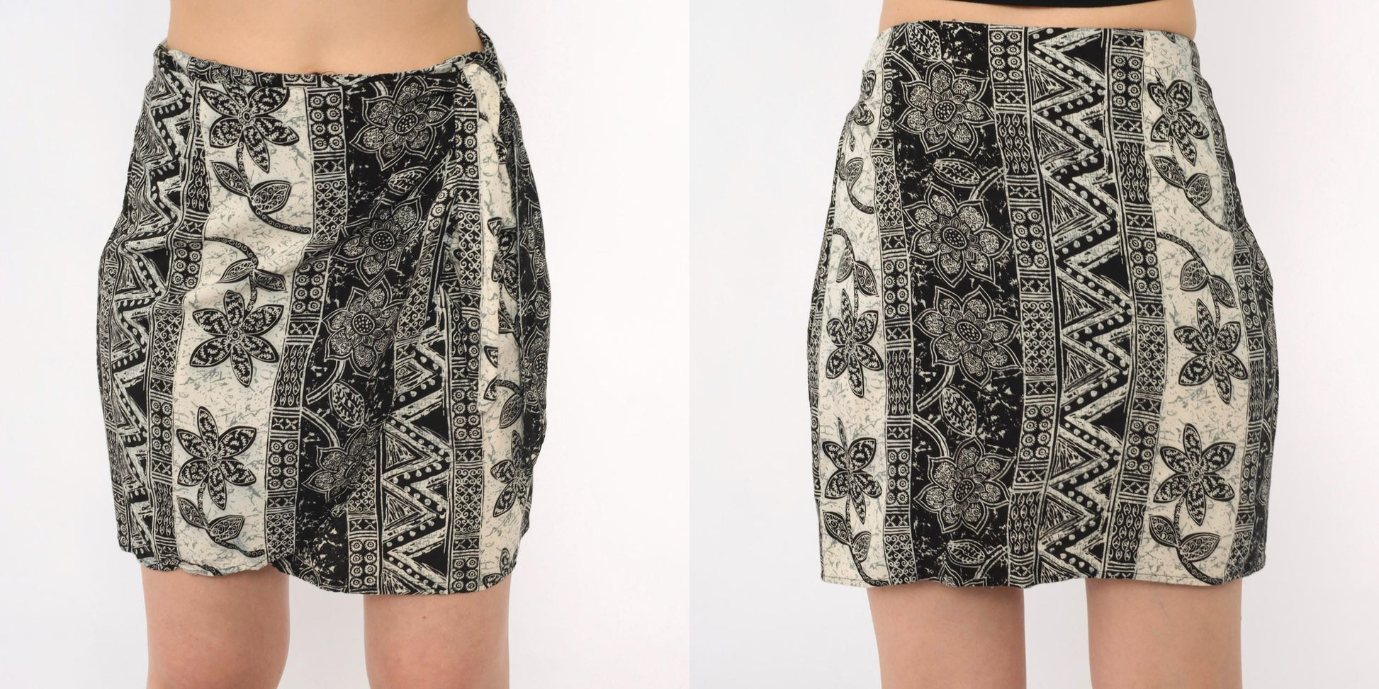 90s Streetusfar Floral Wrap Skirt Black White Striped Mini XS