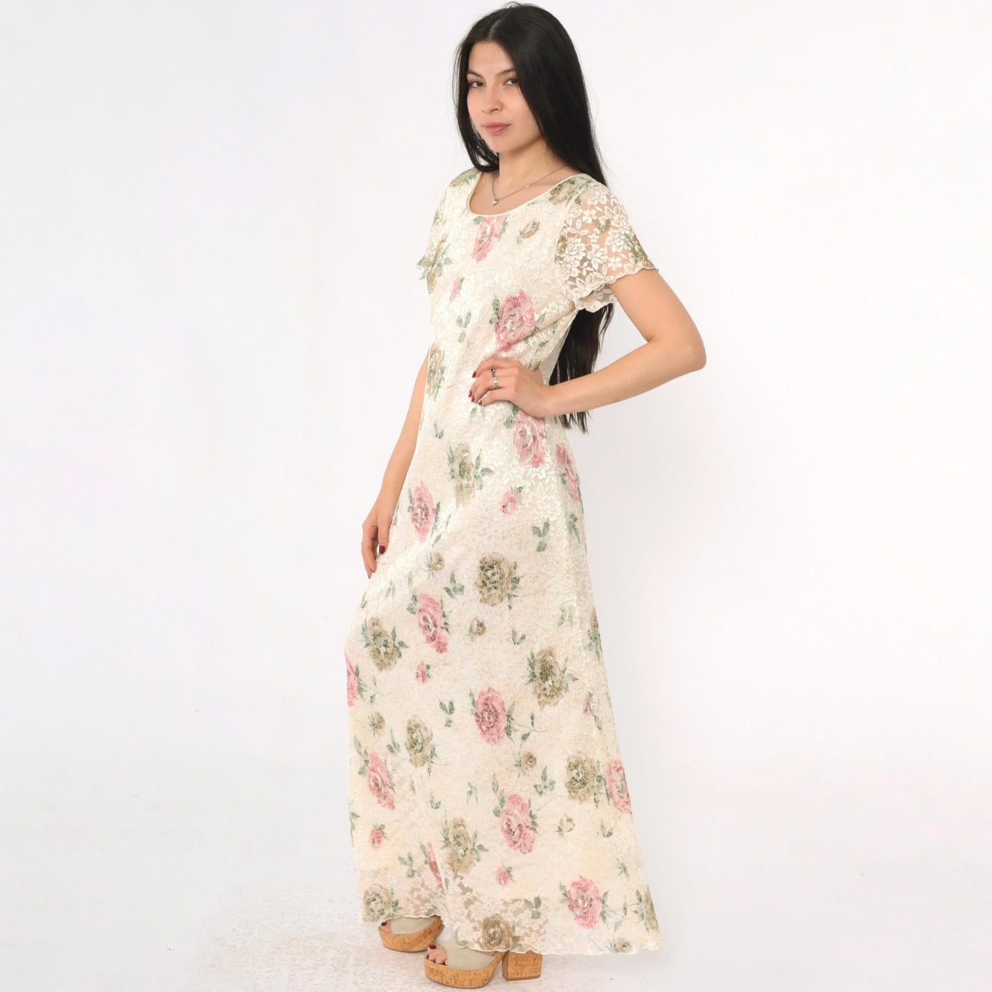 90s Ronni Nicole Cream Lace Maxi Dress Floral Print Short Sleeve Medium