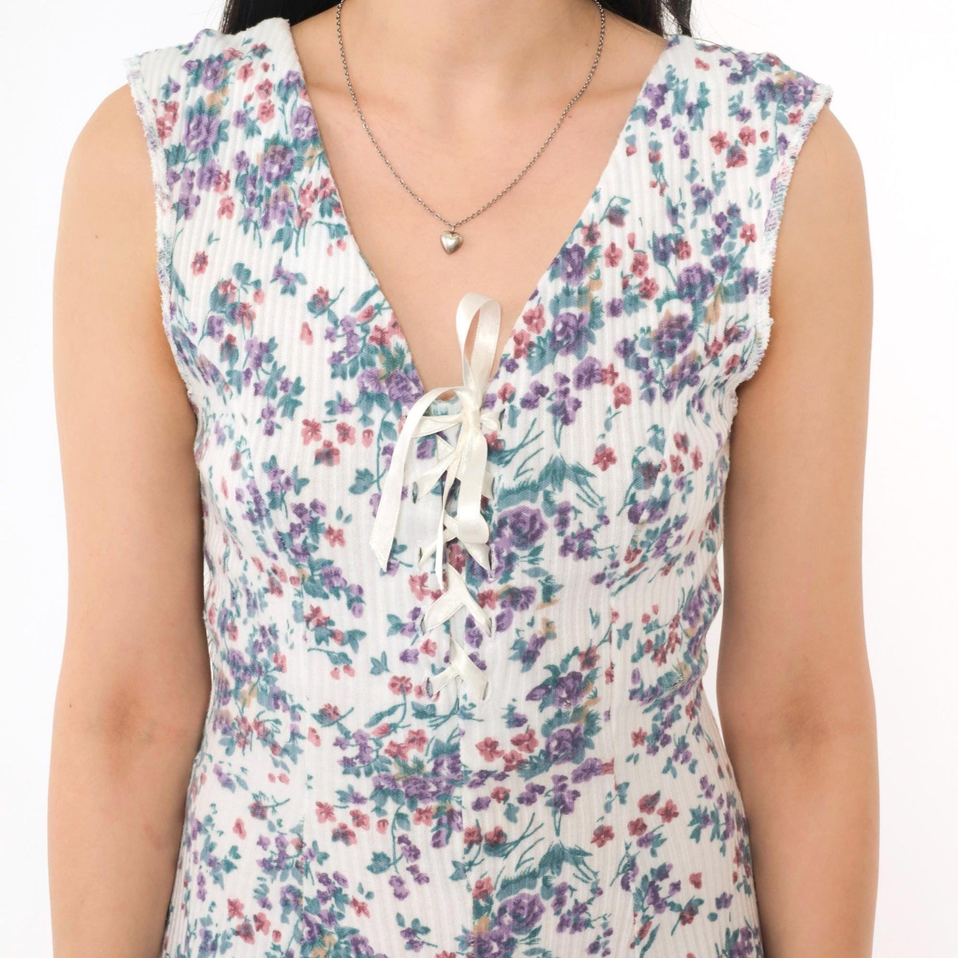 90s White Floral Romper Lace-Up Corset Bodice Wide Leg Sleeveless Small