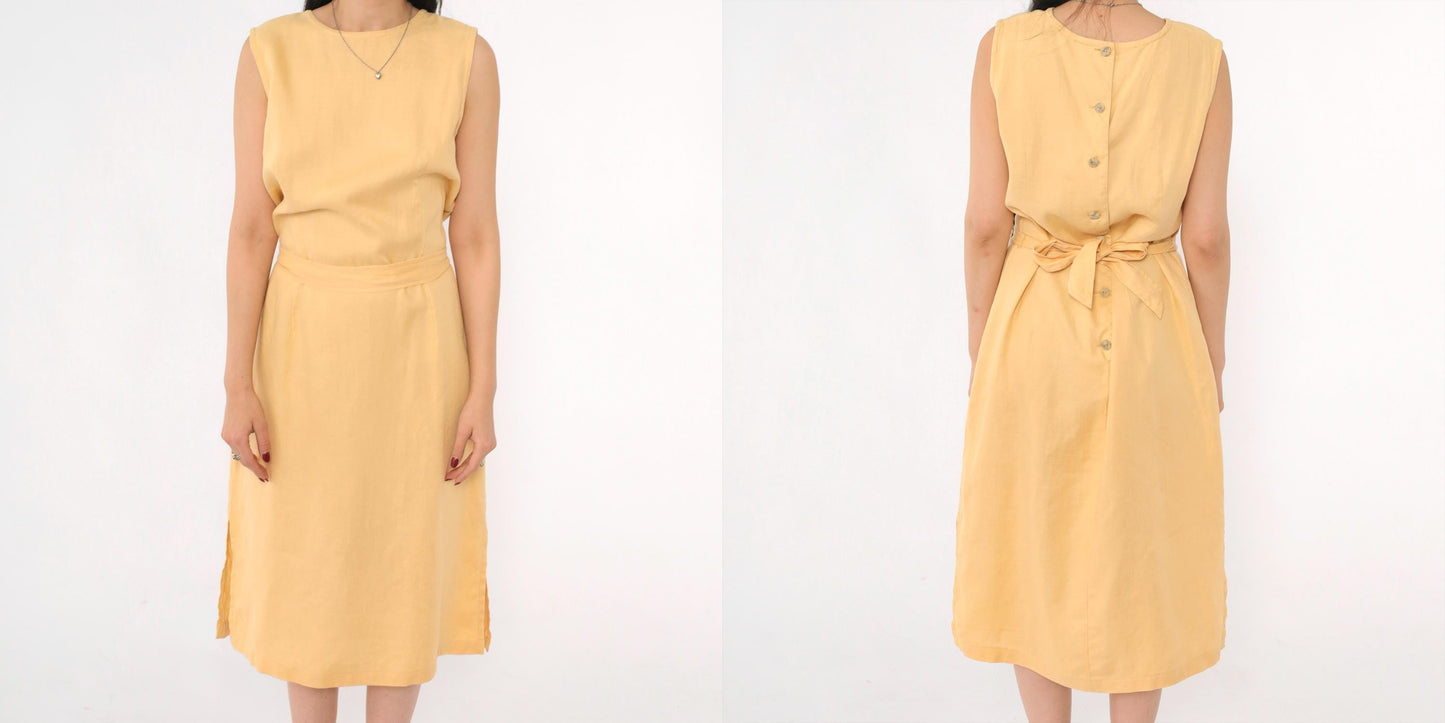 90s Rafaella Yellow Linen Midi Dress Button Back Sleeveless Medium 10
