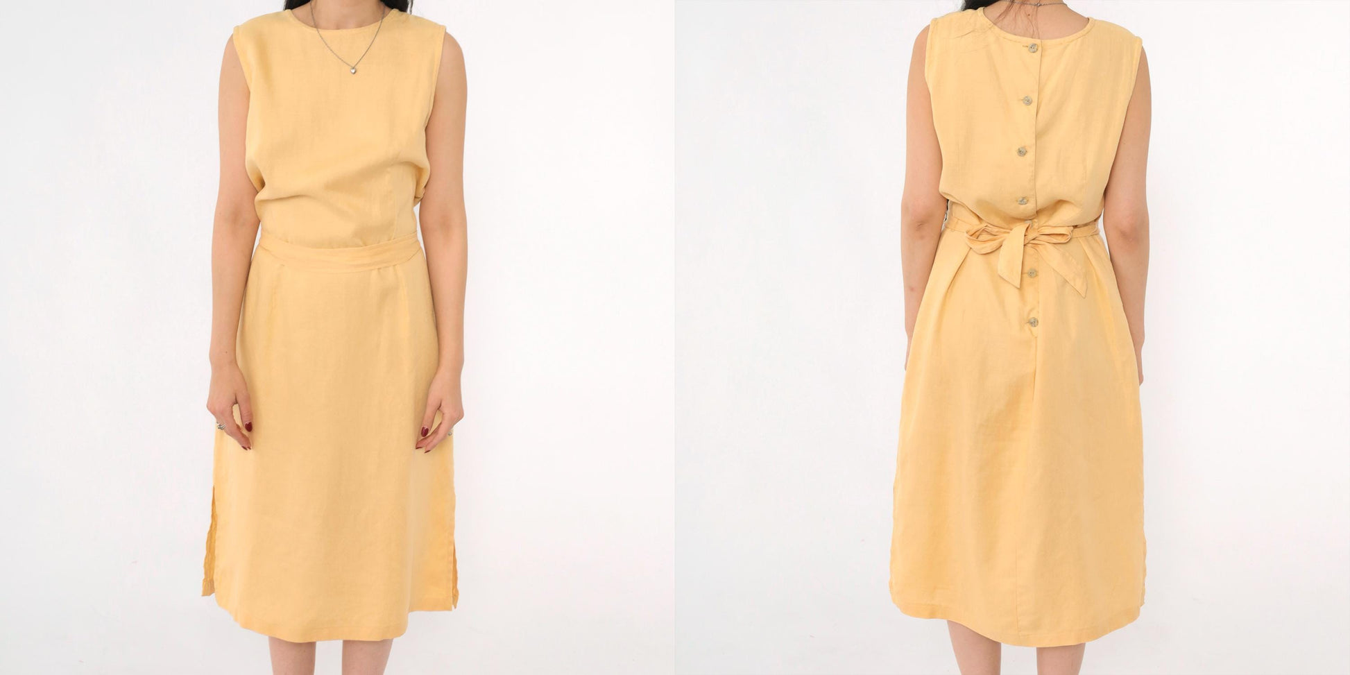 90s Rafaella Yellow Linen Midi Dress Button Back Sleeveless Medium 10
