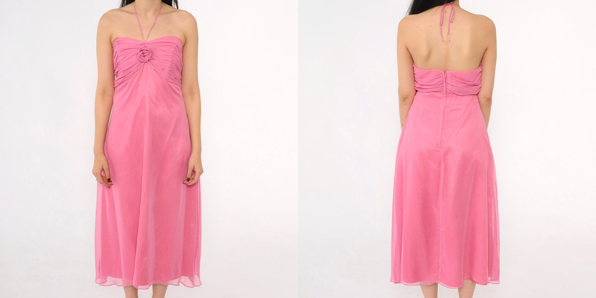 80s Pink Chiffon Midi Dress Strapless Boned Bodice Rosette Halter Medium 8