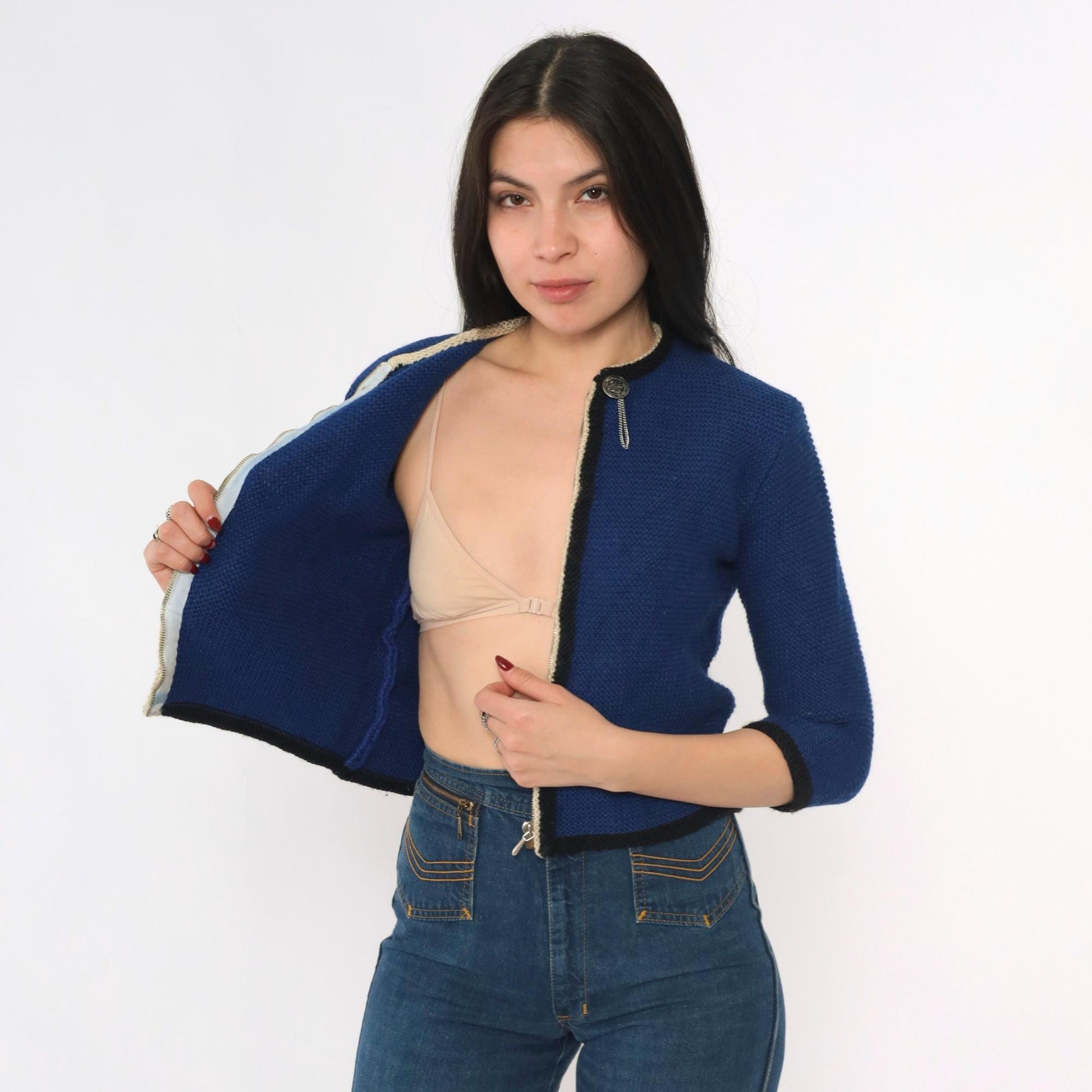 60s Blue Wool Cardigan Cropped Zip Coin Button 3/4 Sleeve Extra Small