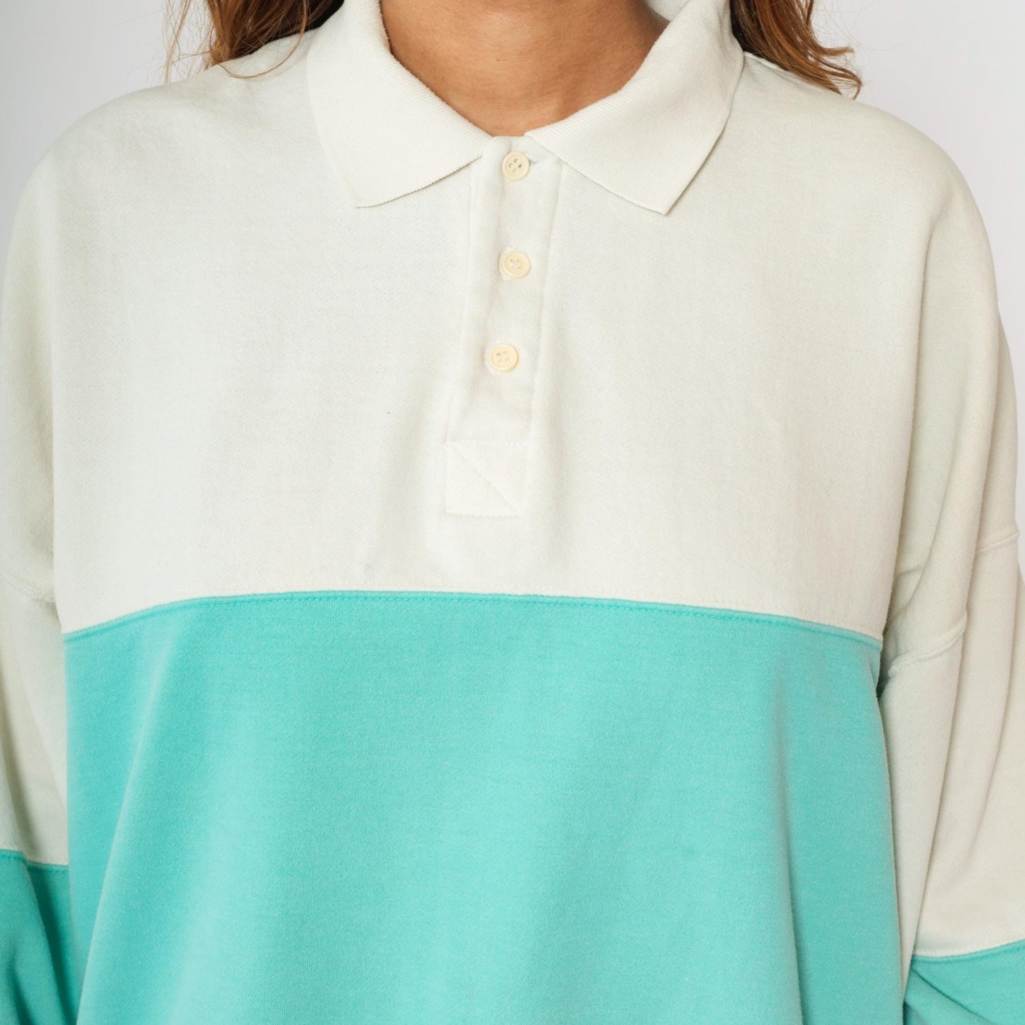 90s John Ashford Sport Colorblock Polo Sweatshirt Off-White Aqua Grey Large L