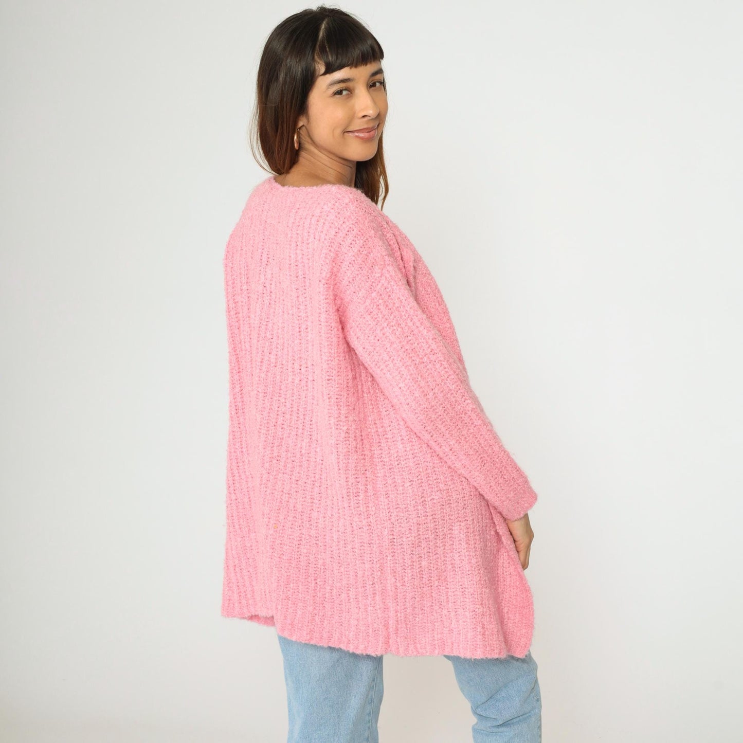 80s Pink Ribbed Knit Cardigan Open Front Wrap Sweater Medium Large