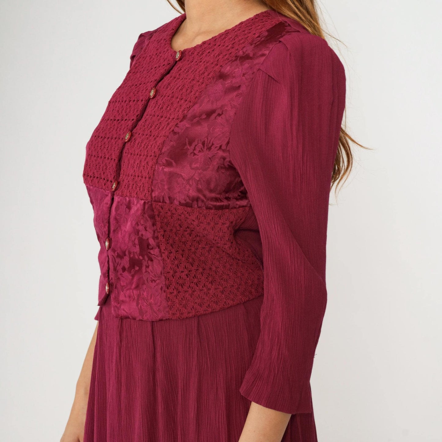 90s Miss Dorby Raspberry Floral Jacquard Midi Dress Puff Sleeve Button Up Medium