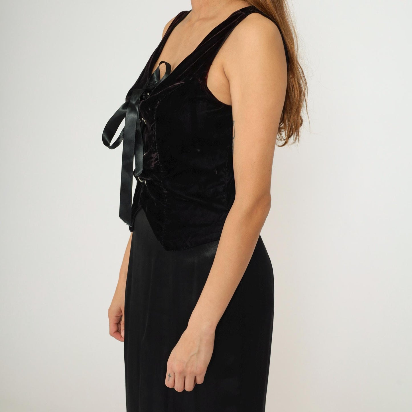 90s Black Satin Maxi Dress Velvet Lace-Up Bodice Sleeveless Medium