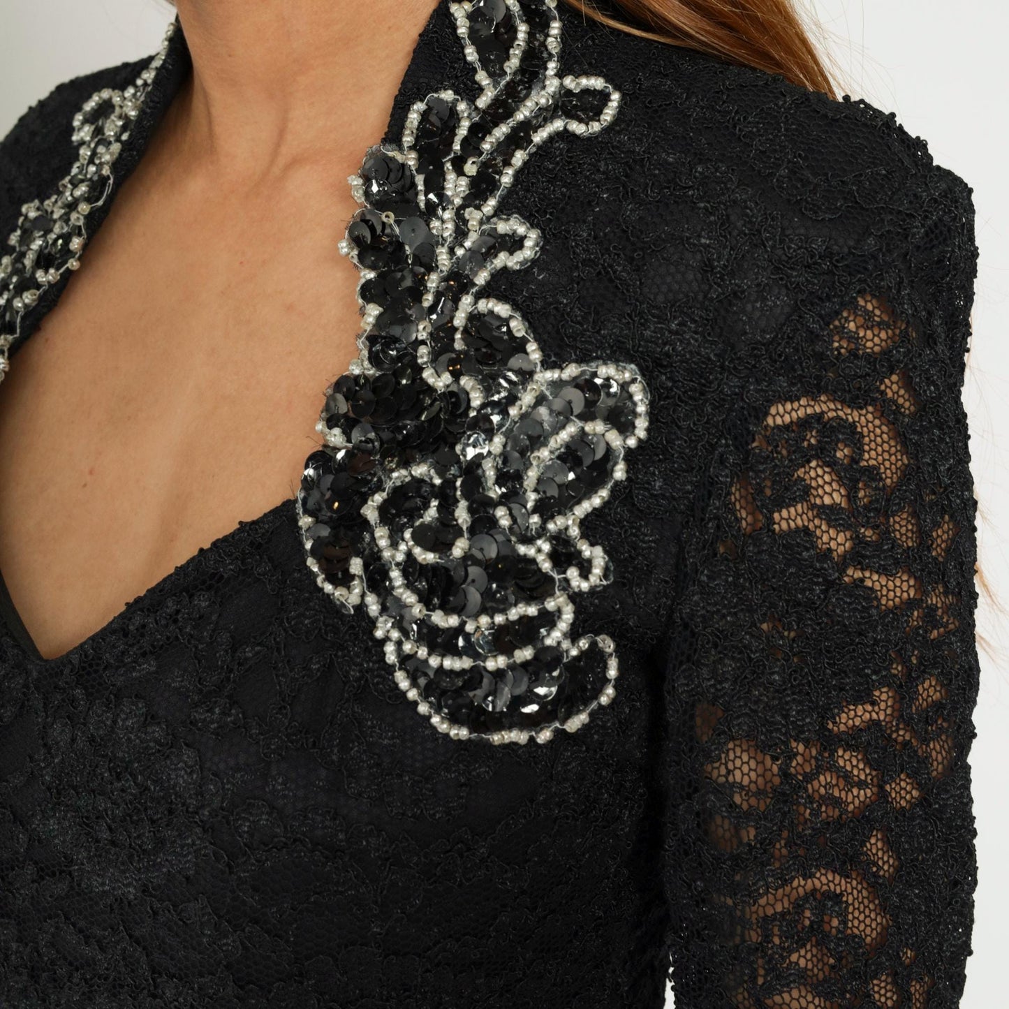 90s Betsy & Adam Black Lace Mini Dress Beaded Sequin Sweetheart Small