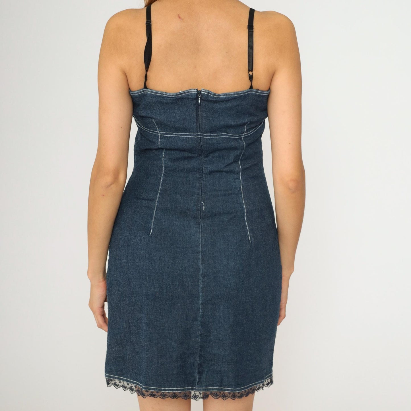 90s Blue Denim Mini Dress Spaghetti Strap Bodycon Sheath Medium