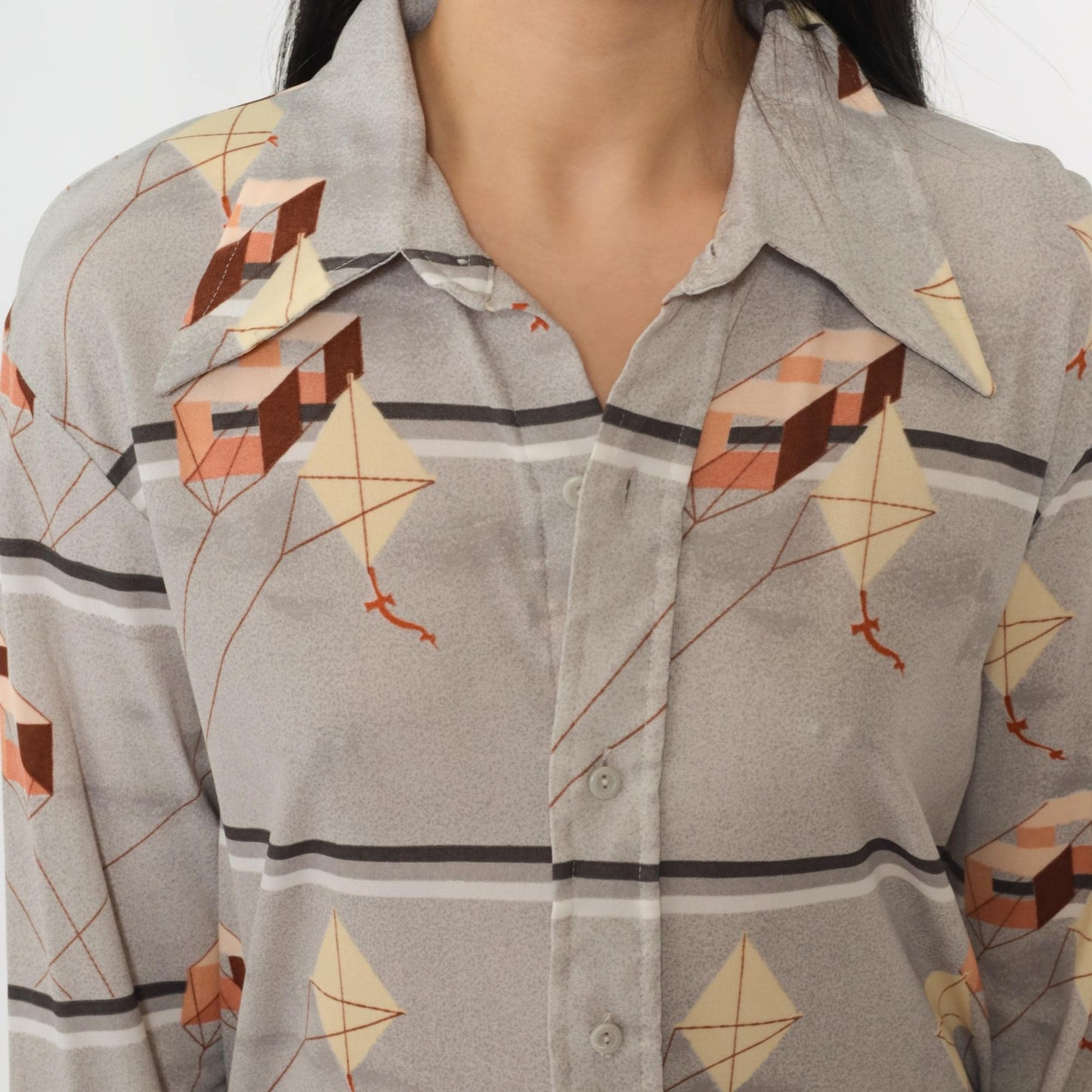 70s Huk-A-Poo Kite Print Button Up Shirt Grey Pointed Collar Medium