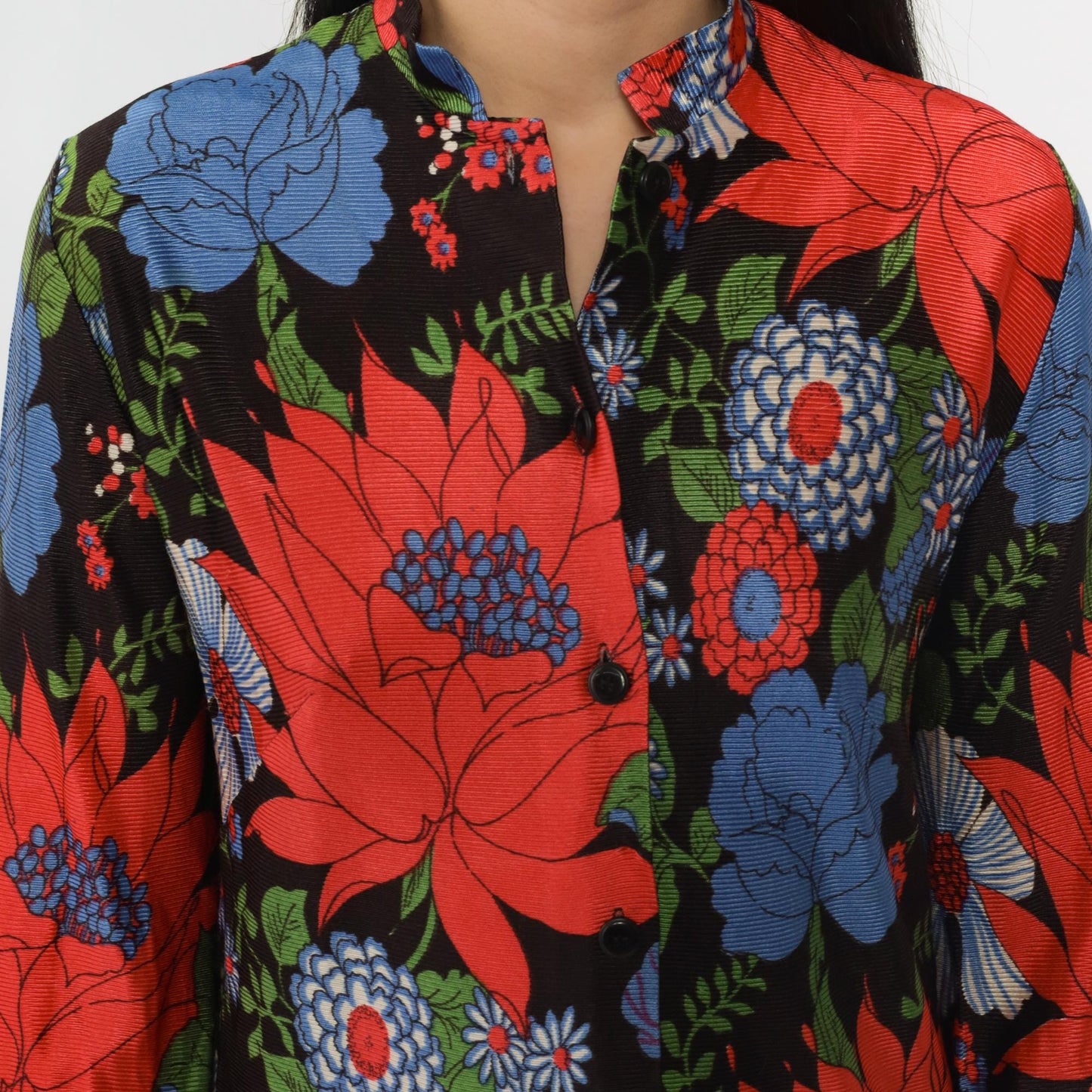 70s Dutchmaid Floral Mandarin Collar Blouse Red Blue Tunic Small