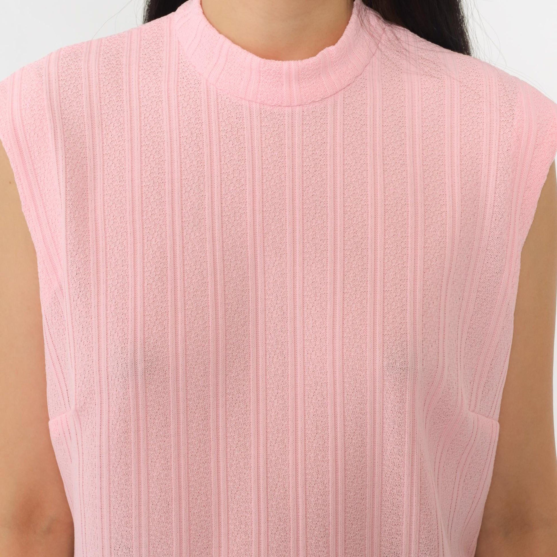70s Pink Mock Neck Tank Top Ribbed Sleeveless Blouse Large
