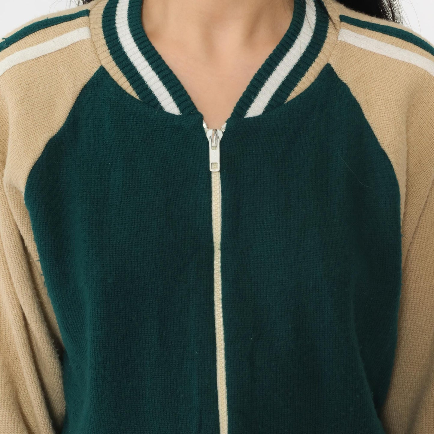 80s Plum Blossom Track Jacket Green Acrylic Knit Raglan Zip-Up Medium