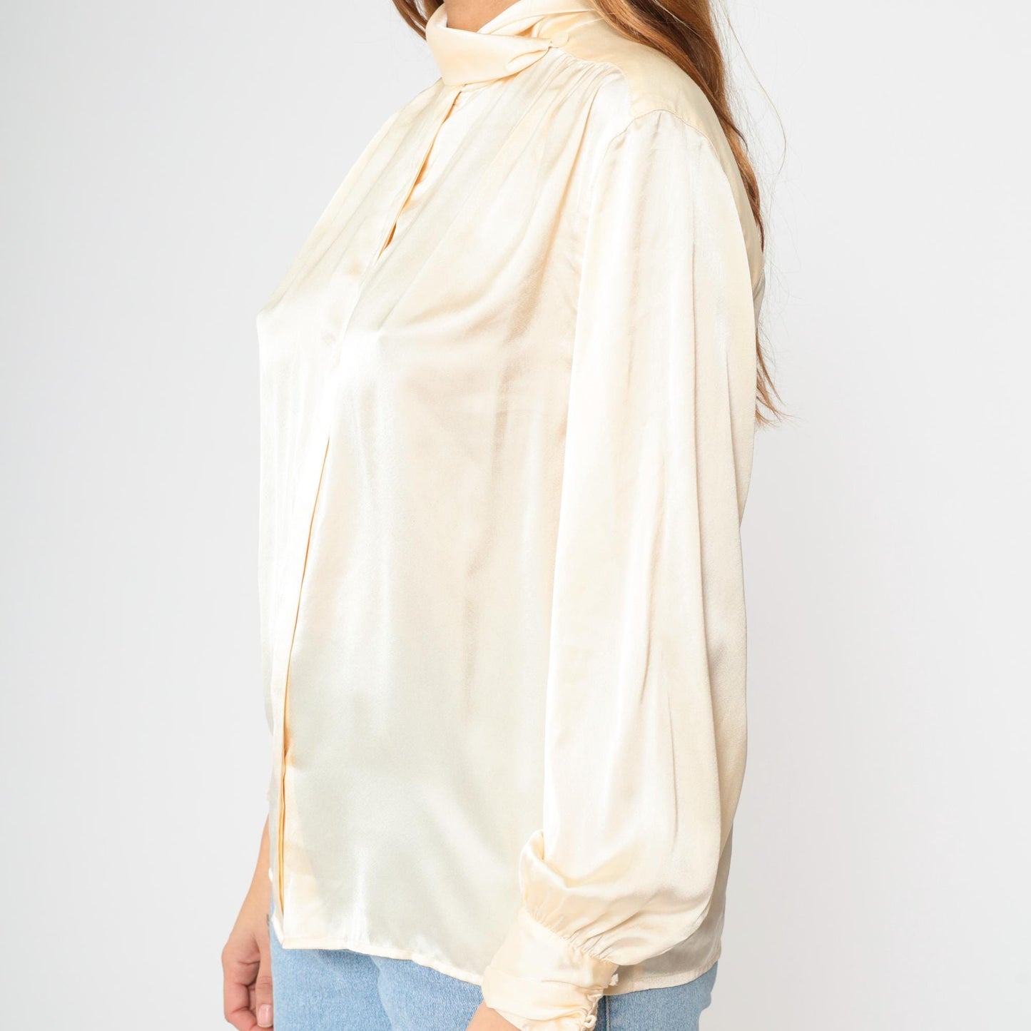 80s Jones Wear Cream Satin Mock Neck Blouse Long Sleeve Small 6