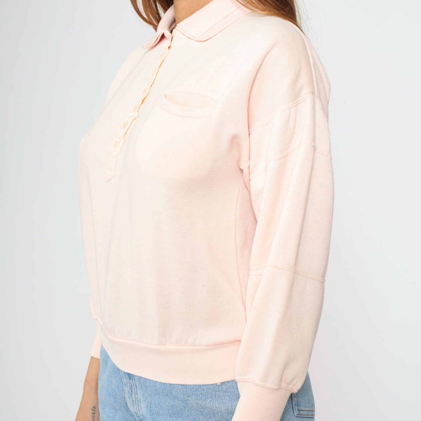 80s Baby Pink Polo Sweatshirt Vintage Collared Quarter-Snap Pullover Small