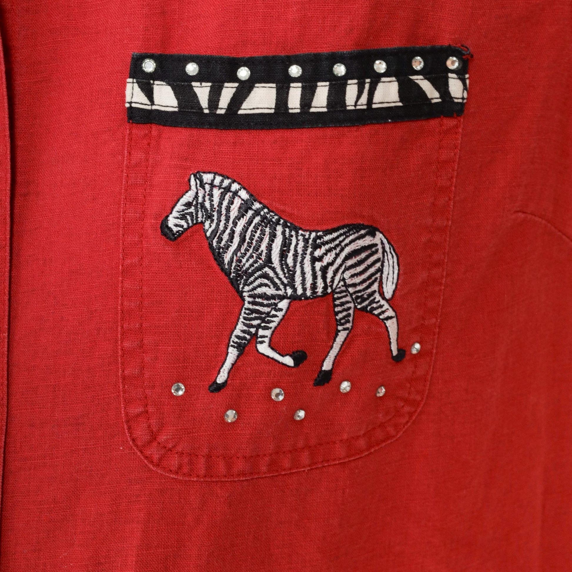 90s Cabin Creek Zebra Rhinestone Button-Up Blouse Red Linen Cotton Petite Large