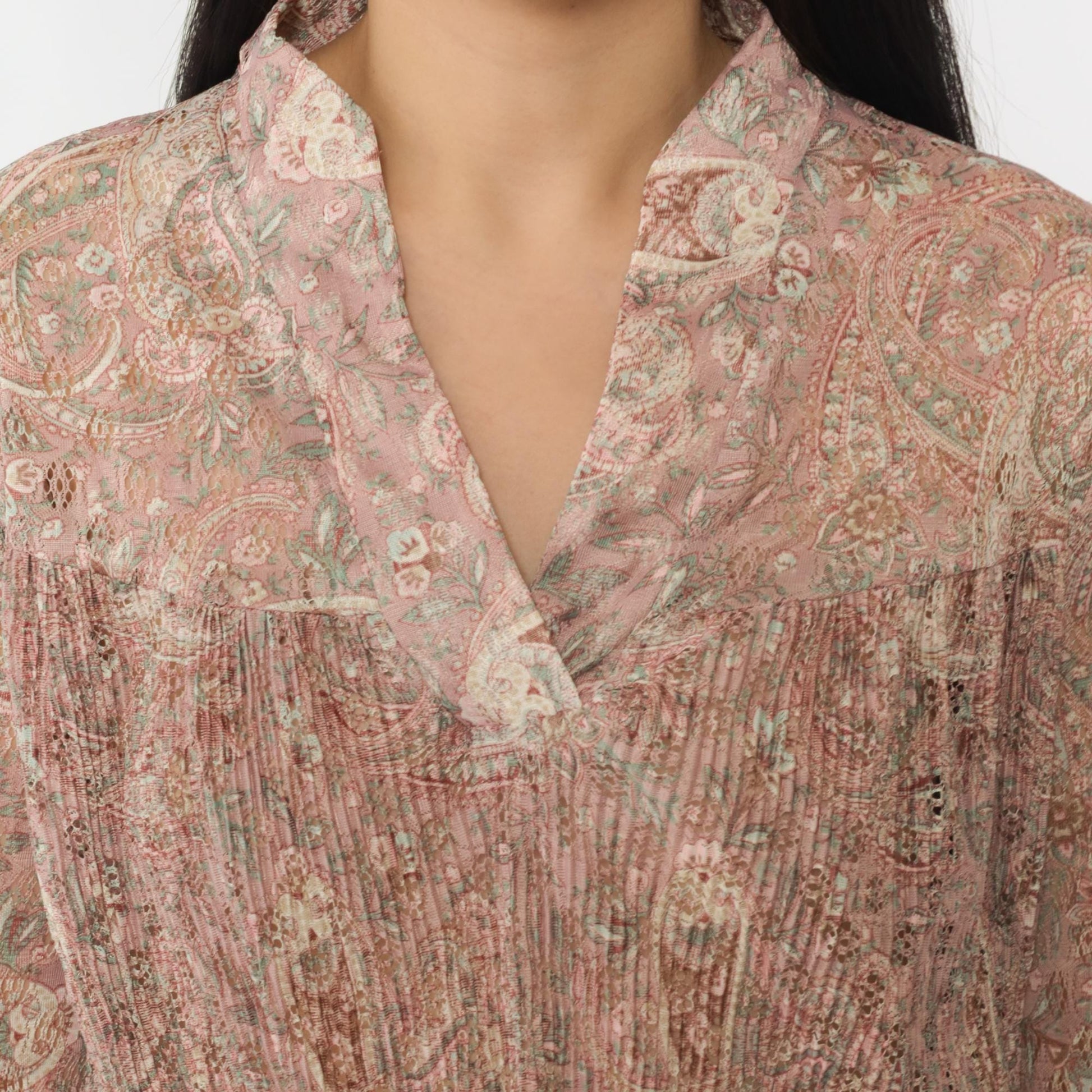 70s Pink Paisley Pleated Blouse Lace Cutouts Ruffled Collar Long Sleeve Medium