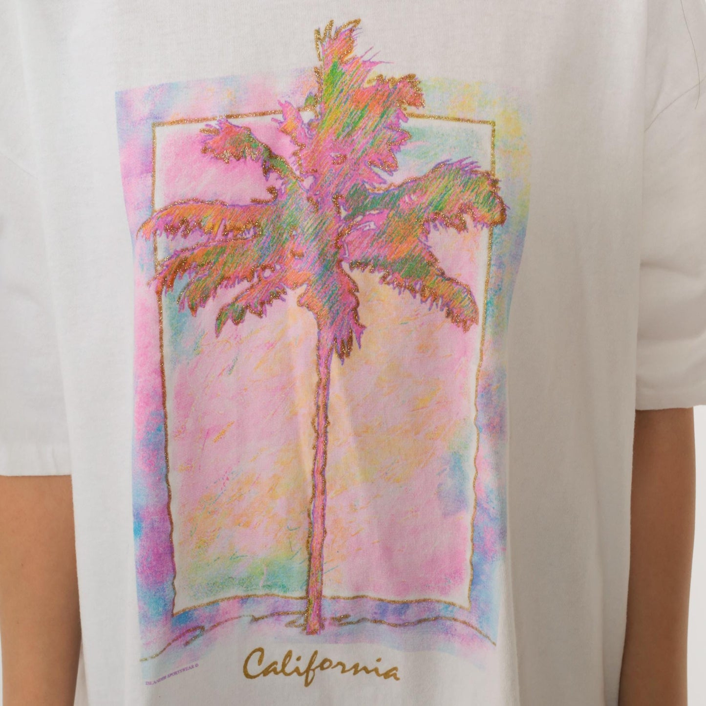 90s California Palm Trees Metallic Graphic T-Shirt White Gold Glitter Extra Large