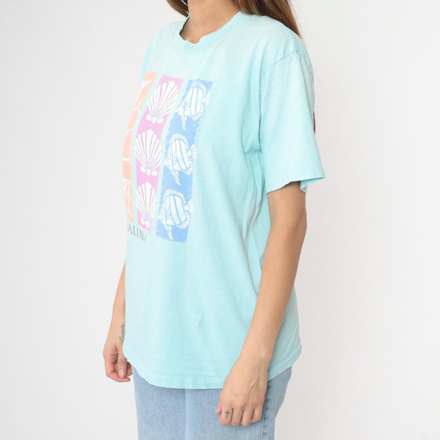 90s Catalina Island Swordfish Seashell Graphic T-Shirt Cotton Tee Medium