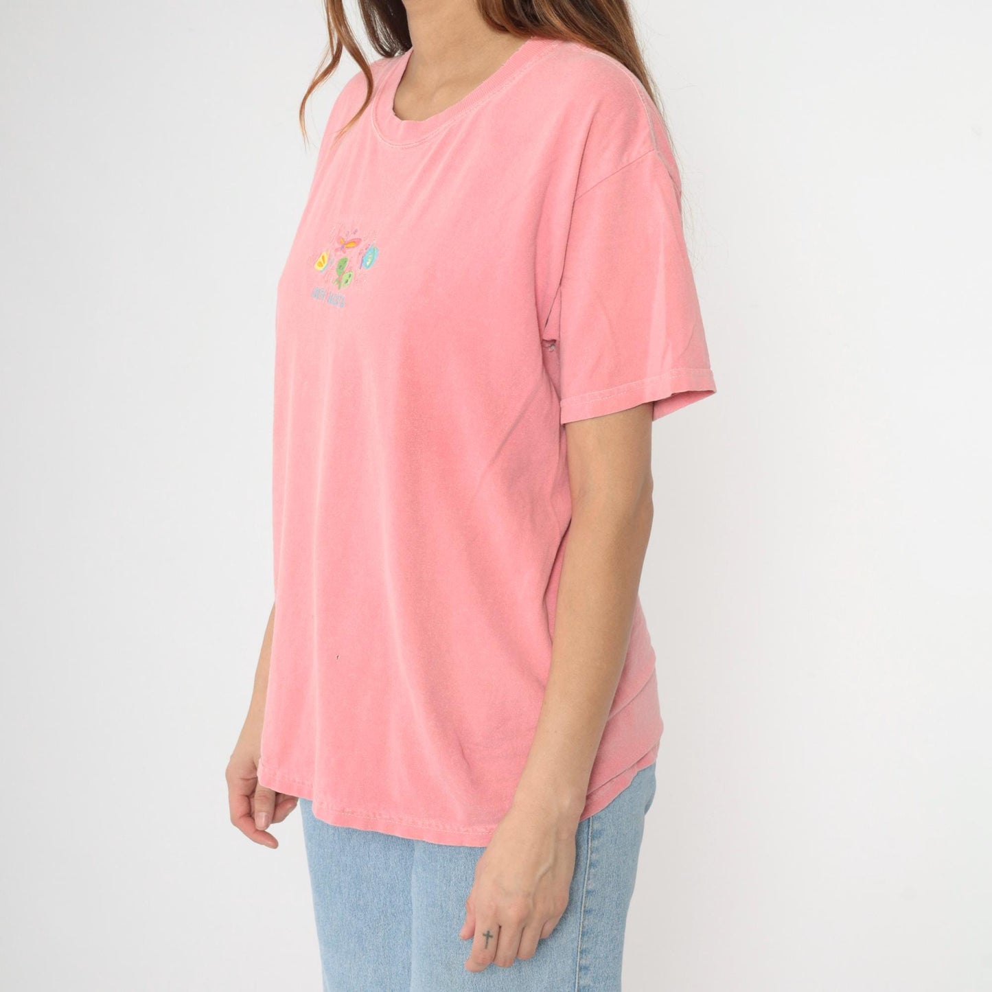 Y2K South Dakota Butterfly Embroidered Pink Graphic Tee Cotton Medium