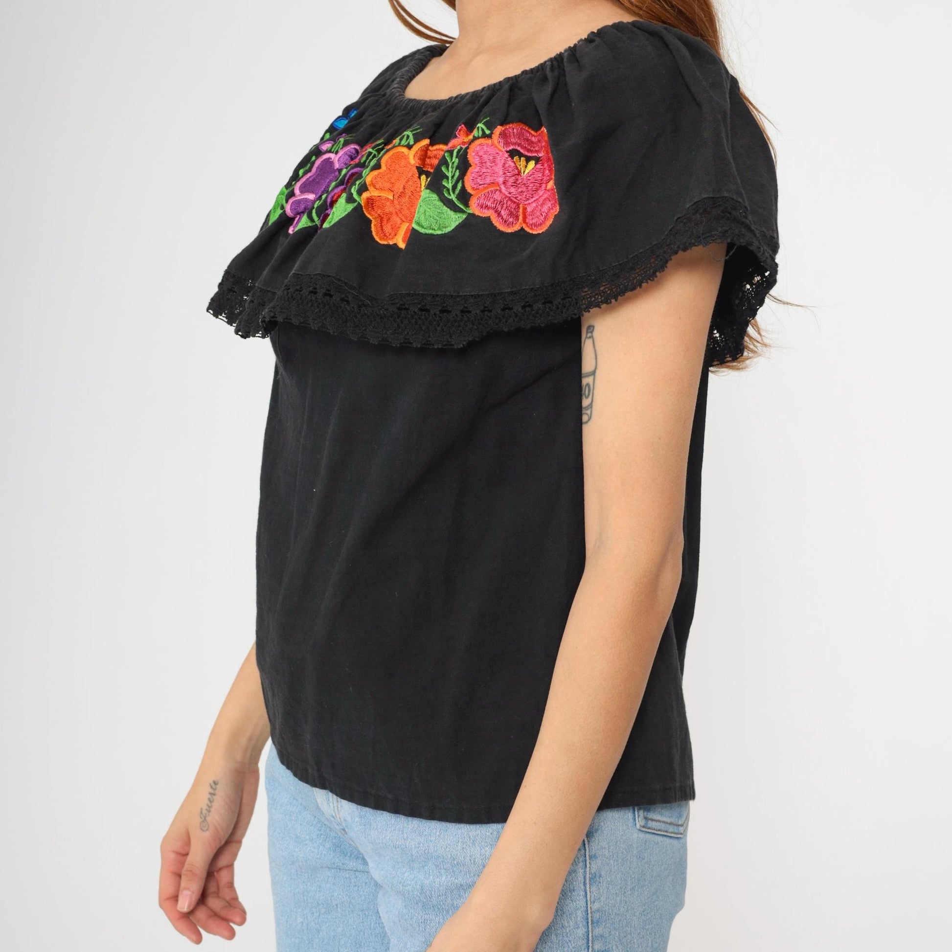 90s Mexican Floral Embroidered Blouse Black Off-Shoulder Crochet Peasant Small