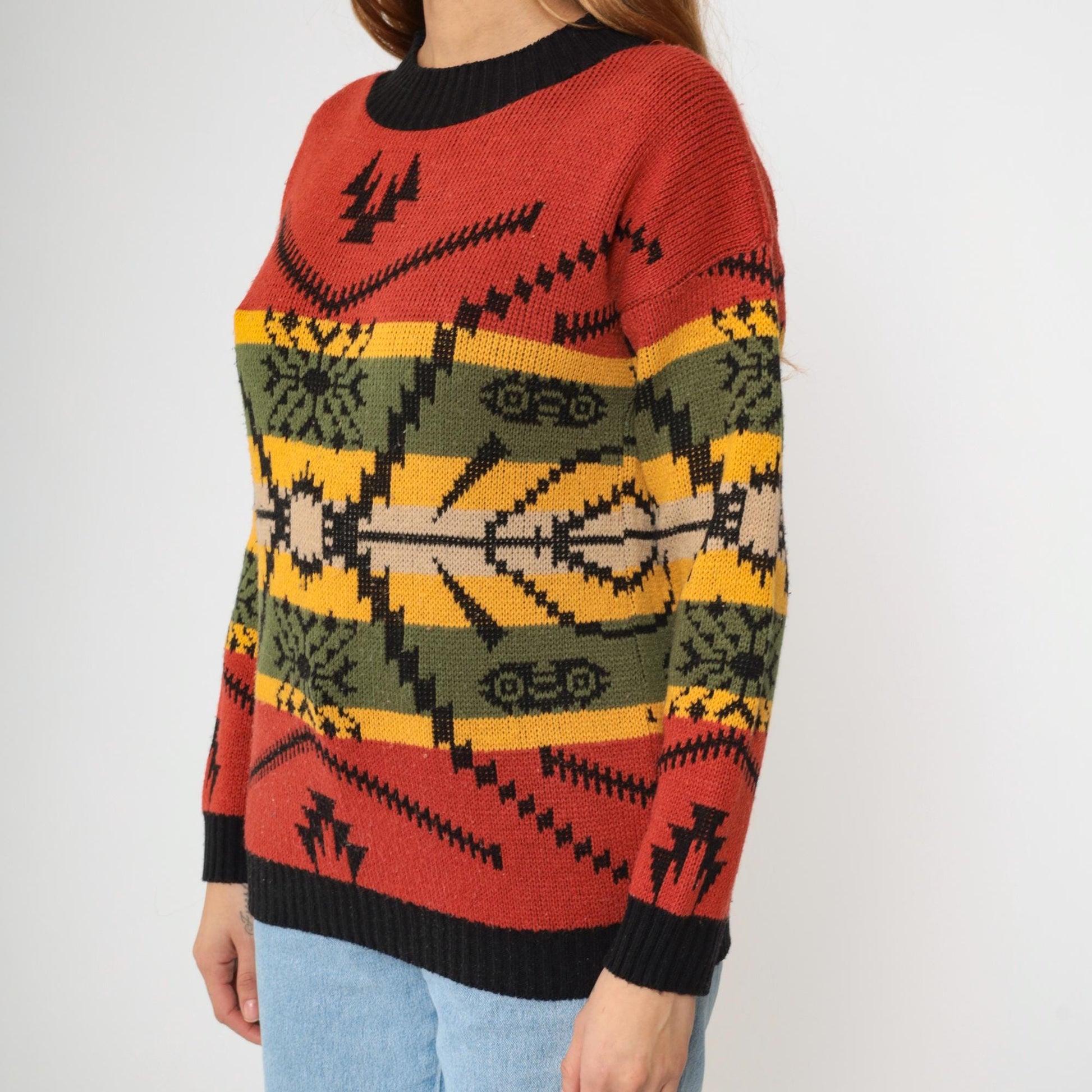 80s Southwestern Geometric Knit Sweater Red Black Ringer Crewneck Medium