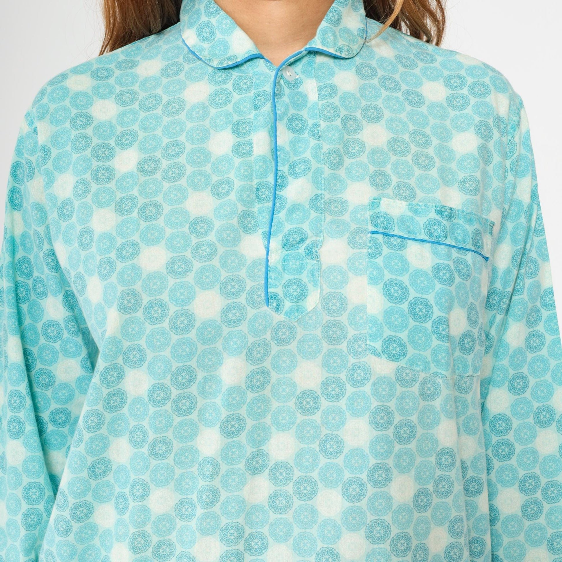 70s Kaynee Endura Press Pajama Shirt Blue Geometric Mandala Medium
