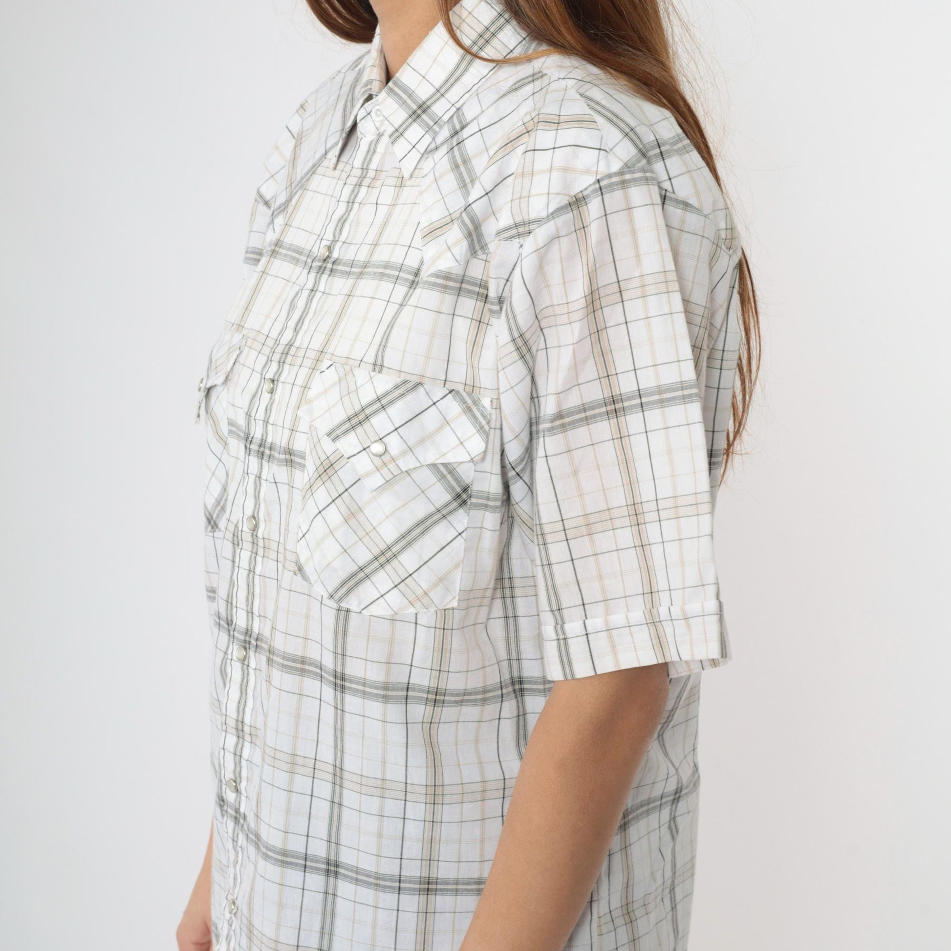 90s Plains Westernwear Pearl Snap Shirt White Plaid Short Sleeve Men's Medium