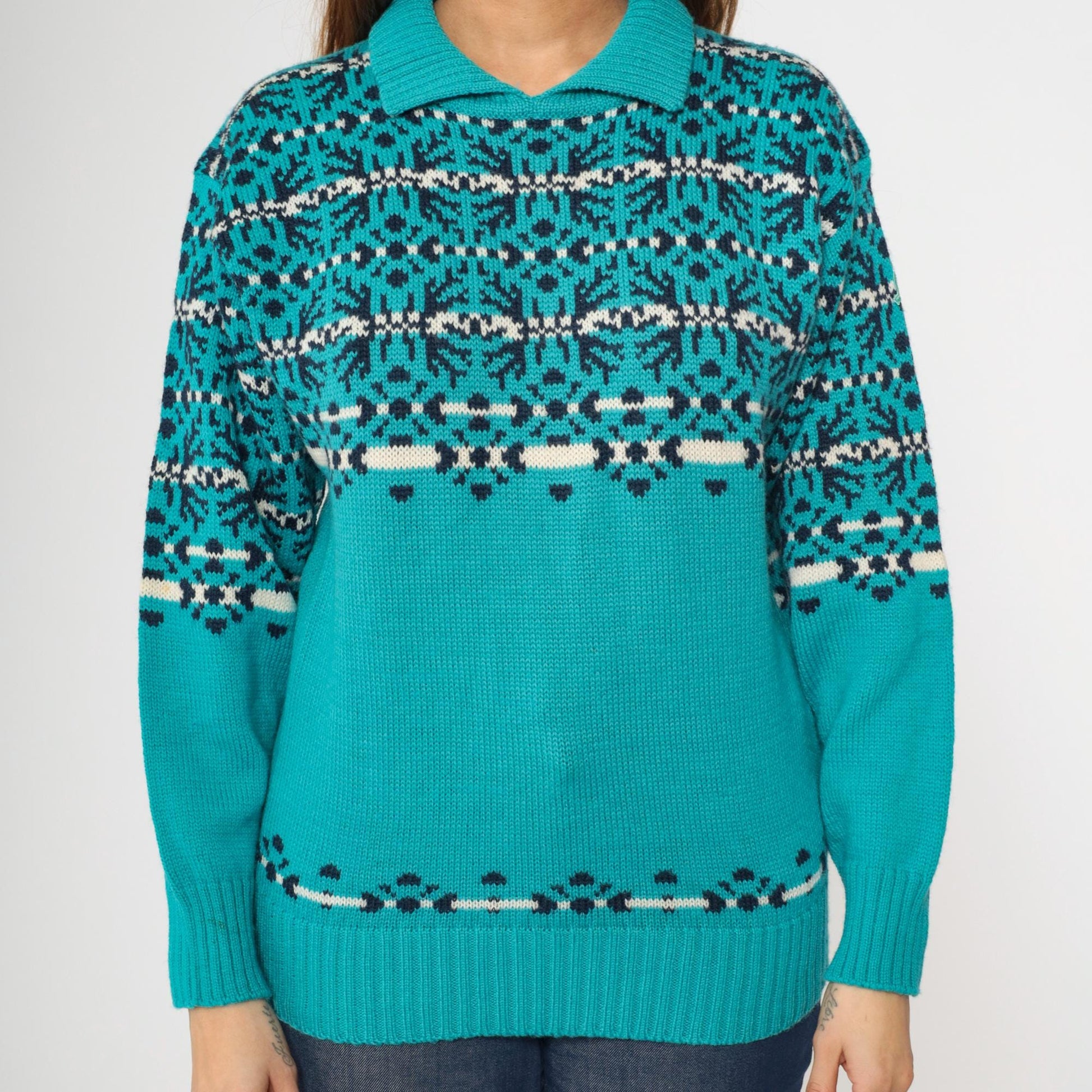 80s Demetre Wool Nordic Fair Isle Ski Sweater Turquoise Small