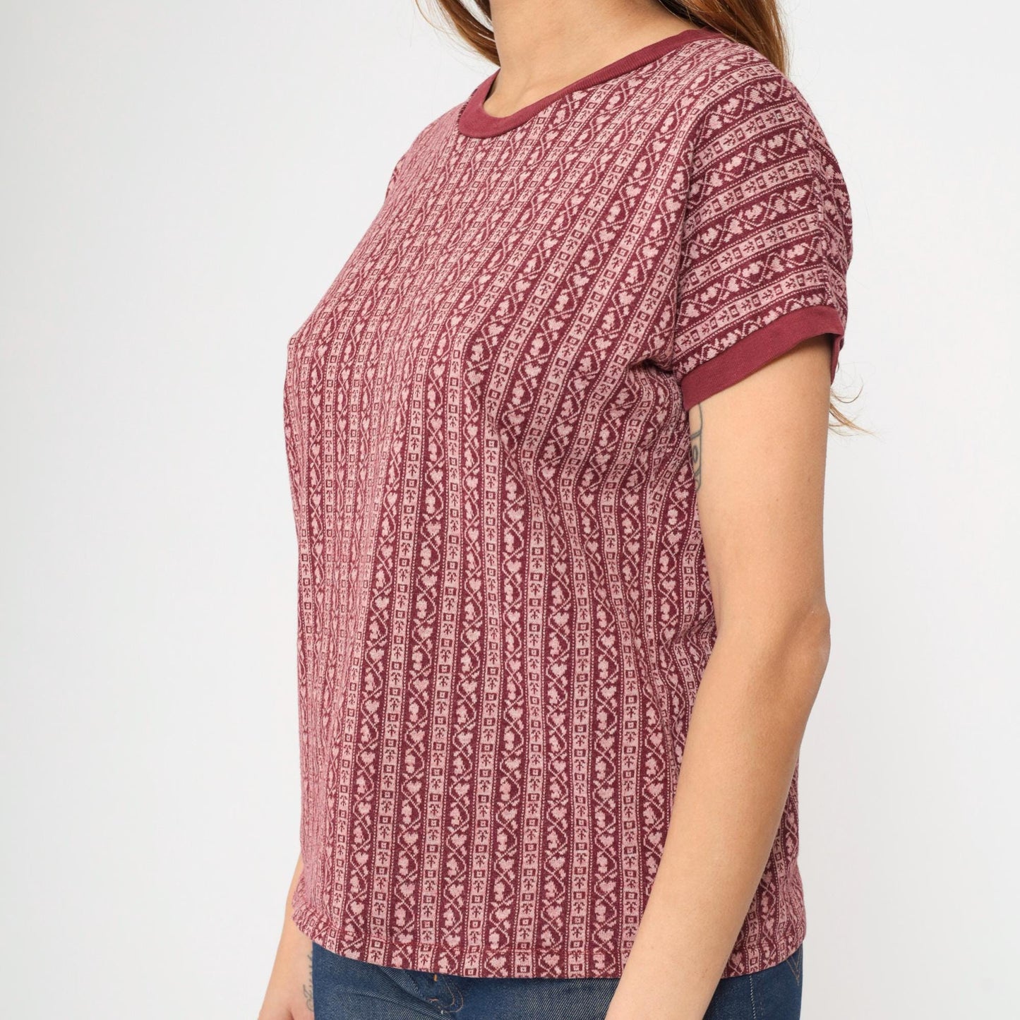 80s Scandinavian Folk Stripe Knit Tee Maroon Pink Heart Ringer Large L