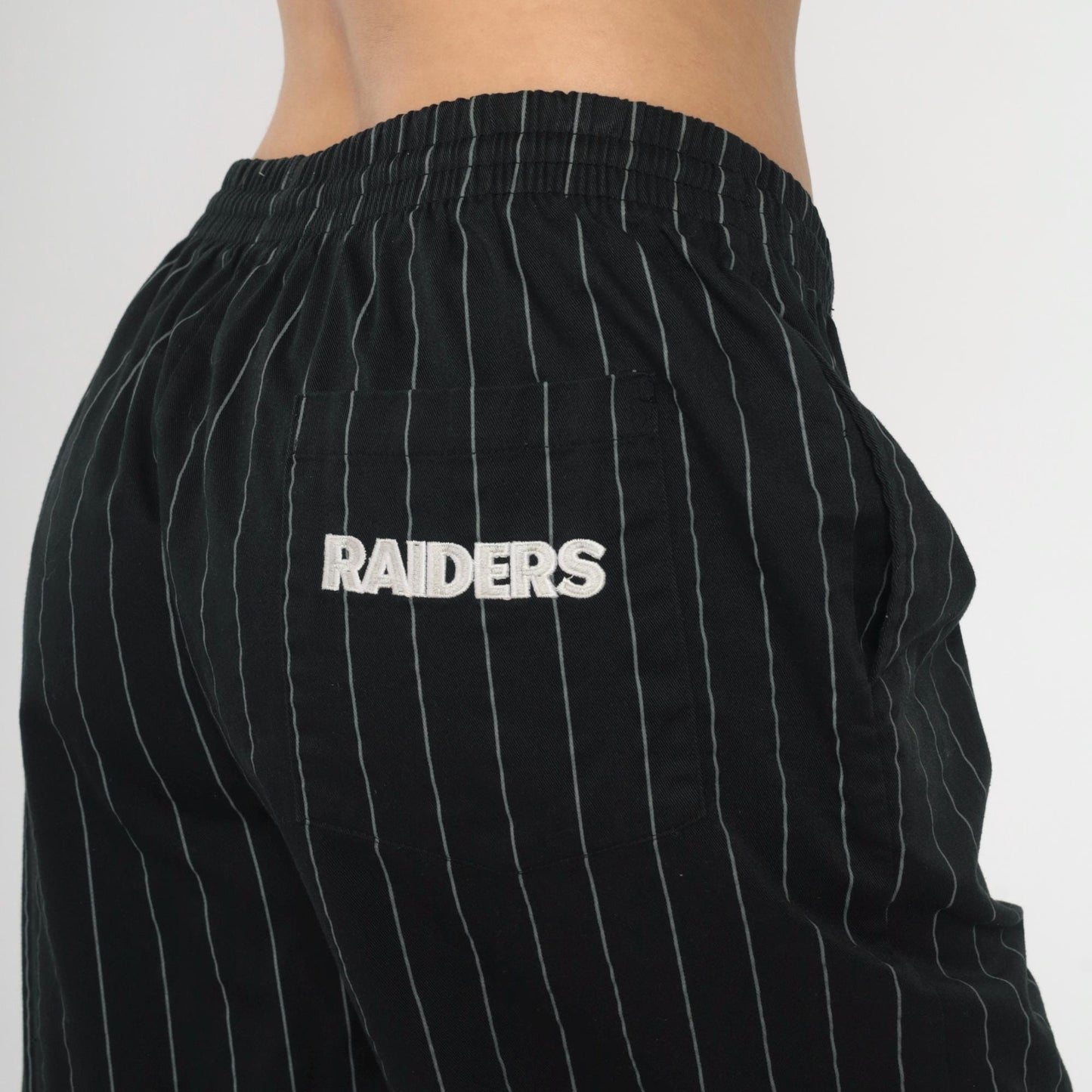 90s Starter Raiders NFL Shorts Black Pinstriped Elastic Waist Large
