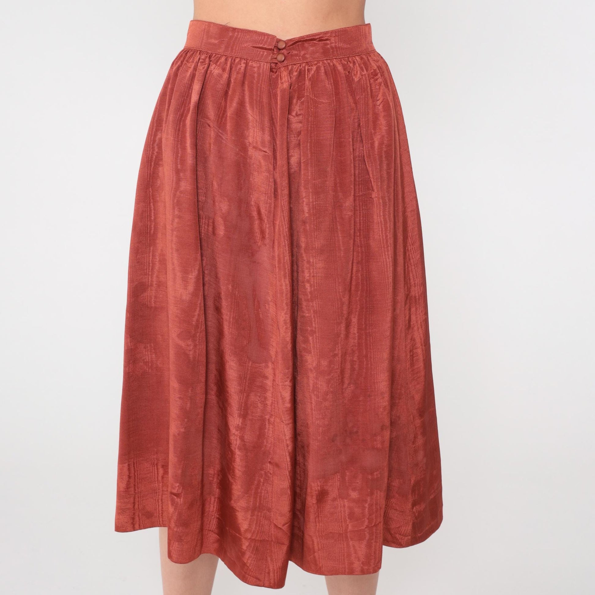 80s Rust Orange Midi Skirt High Waist Pleated Full A-Line Extra Small