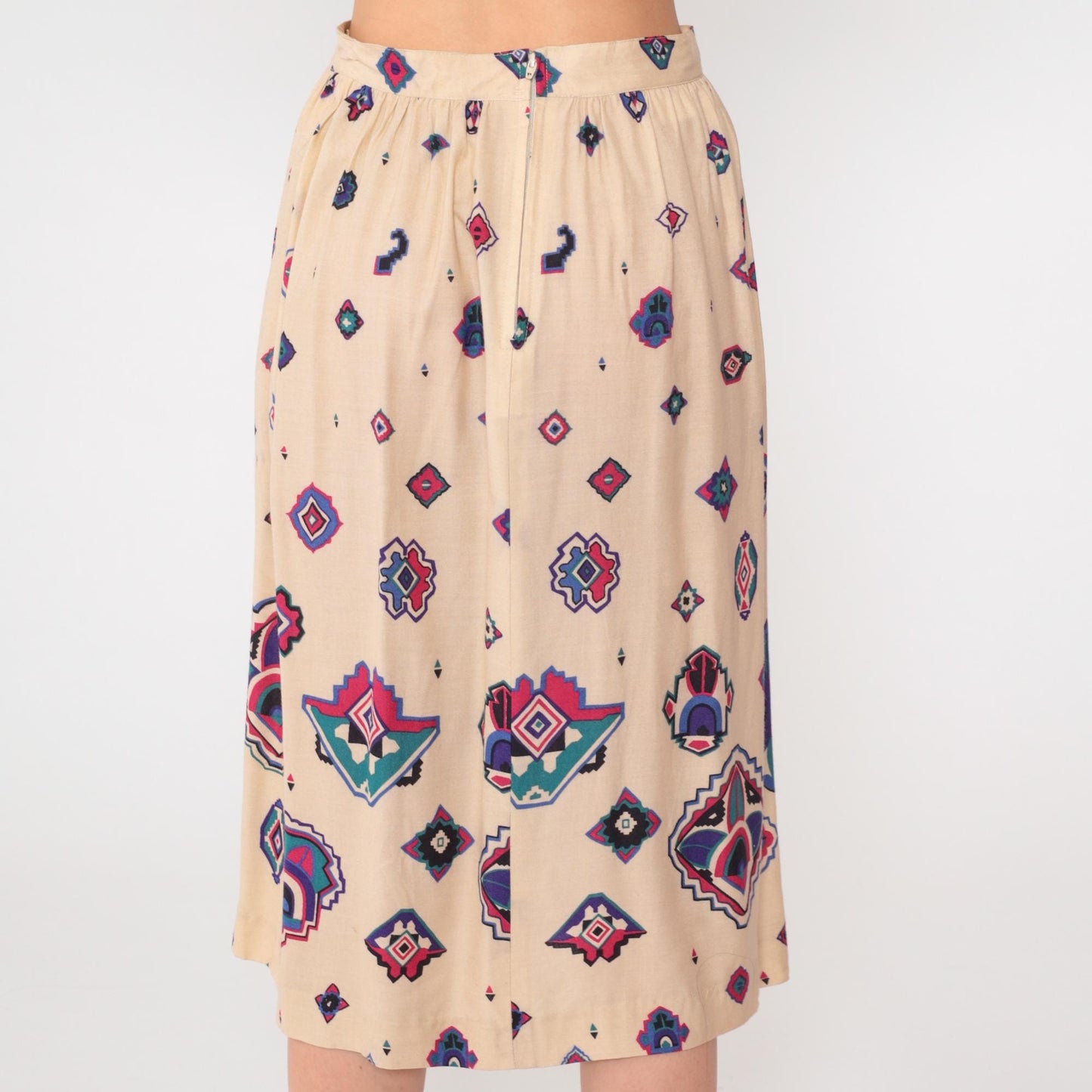 80s Panther Southwestern Midi Skirt Cream Geometric High Waist Small