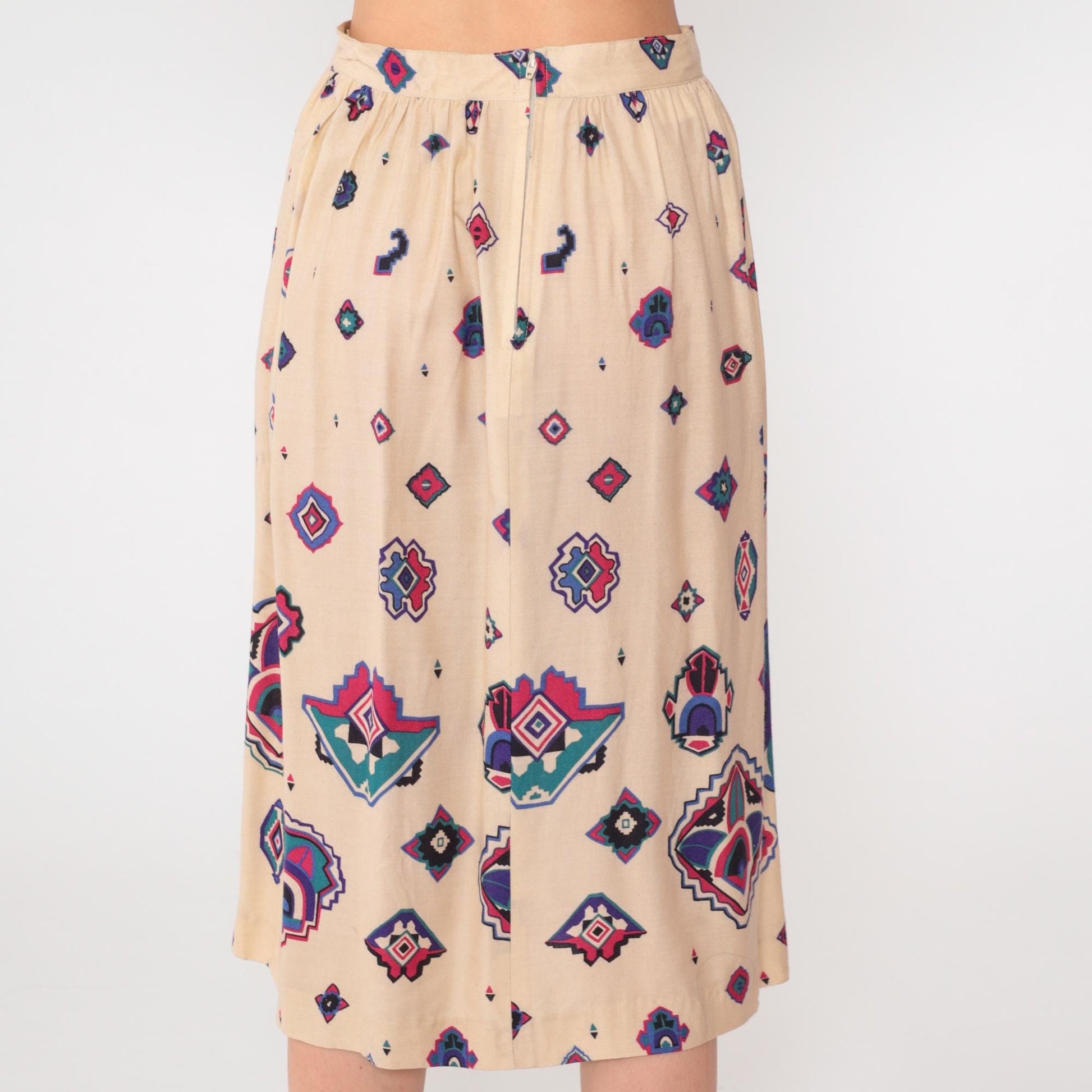 80s Panther Southwestern Midi Skirt Cream Geometric High Waist Small