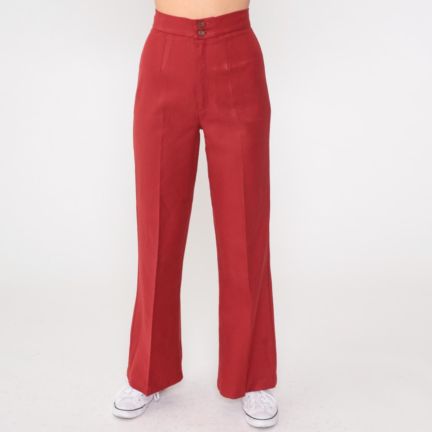 70s Red High-Waisted Flared Trousers Creased Leg Vintage Extra Small